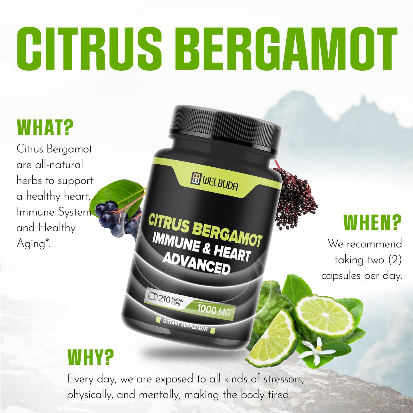 WELBUDA Citrus Bergamot with Olive Leaf, Hawthorn Berry & More Capsules, 210 Count