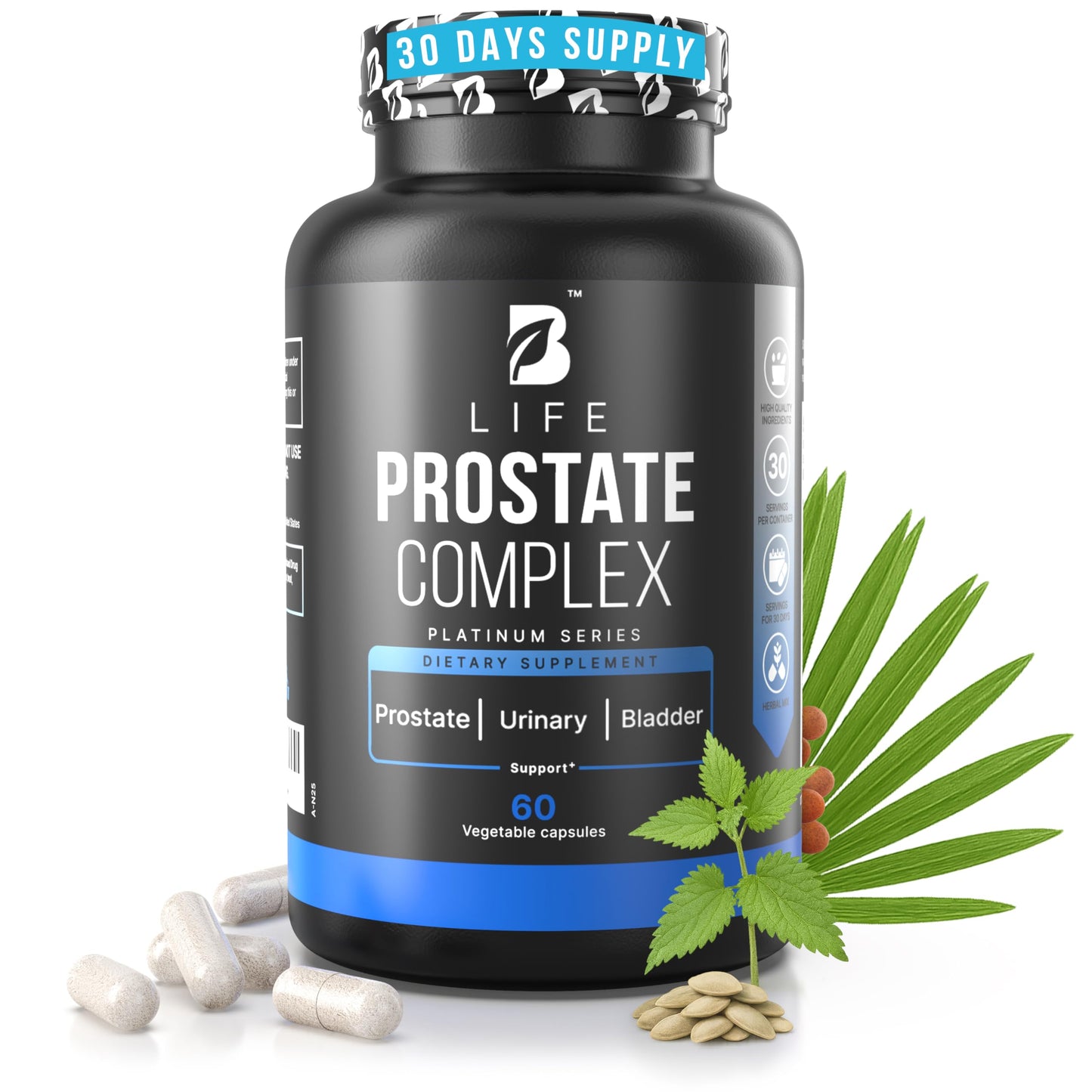 B Life Company Prostate Health Supplements for Men with Saw Palmetto, Pumpkin Seed Oil & Stinging Nettle Root Capsules, 60 Count