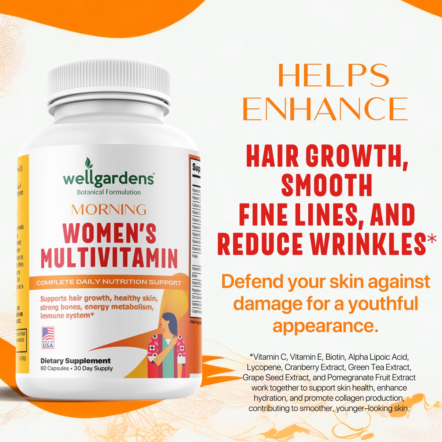 Wellgardens 100% Pure Women's Multivitamin for Hair Growth + Complete Vitamins, Biotin, Zinc, Antioxidants, Supports Skin, Energy, Immune Health, 60 Capsules
