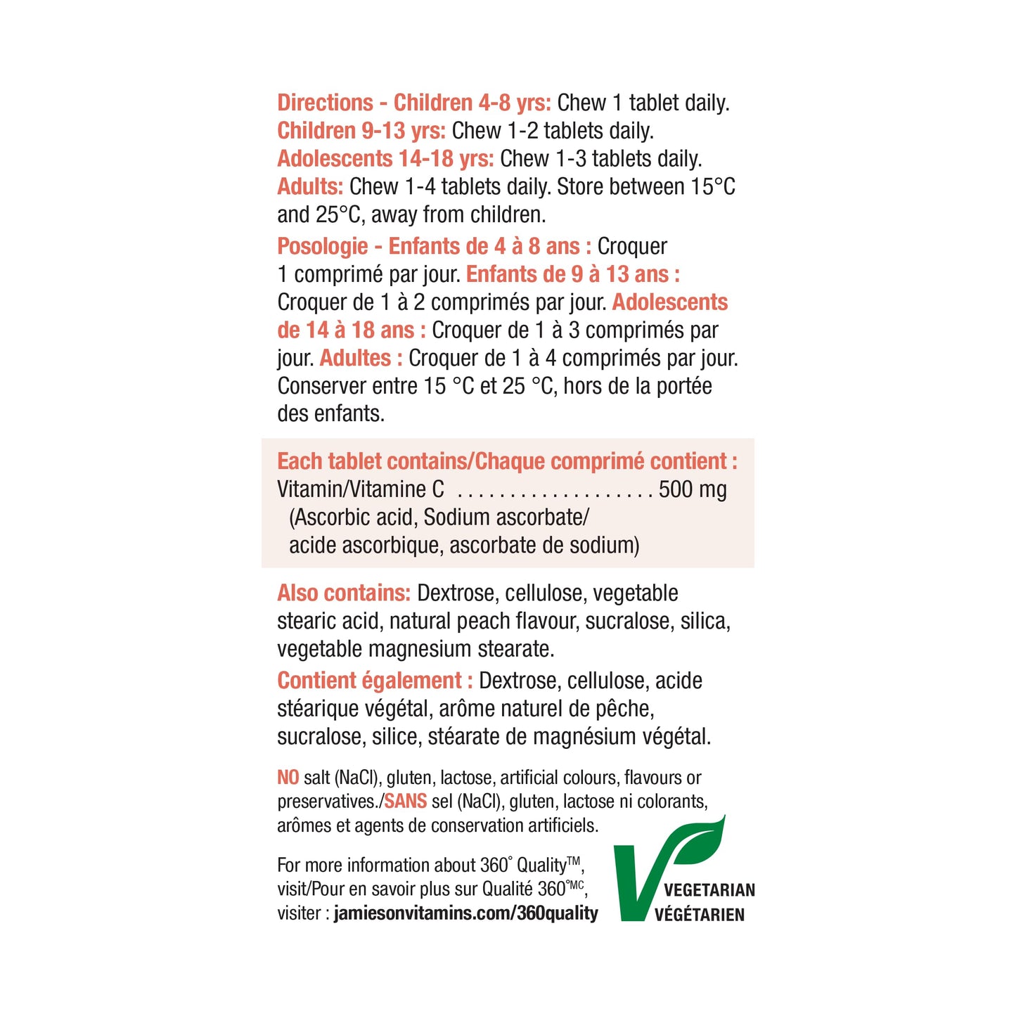 Jamieson Laboratories Vitamin C Chewables 500 mg - Juicy White Peach Flavour, 120 Tablets