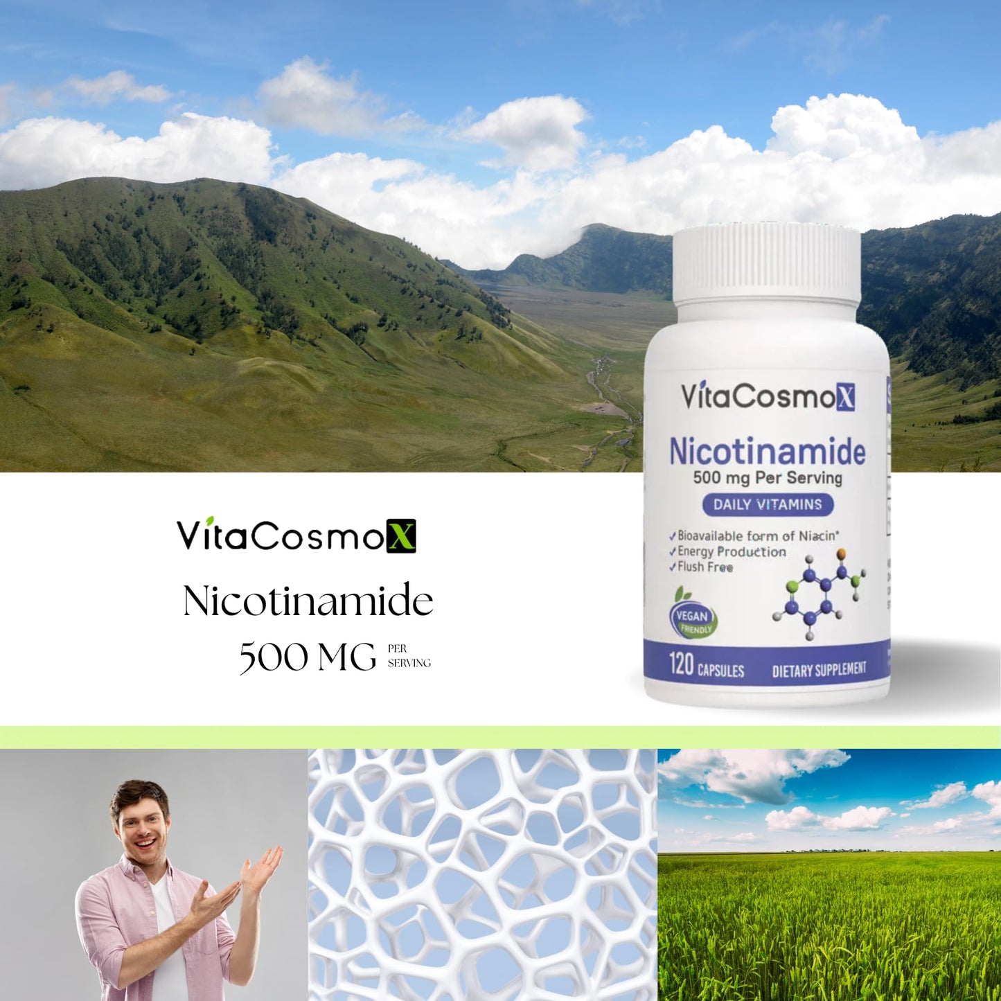 VitaCosmoX Nicotinamide 500mg Vitamin B3 120 Capsules