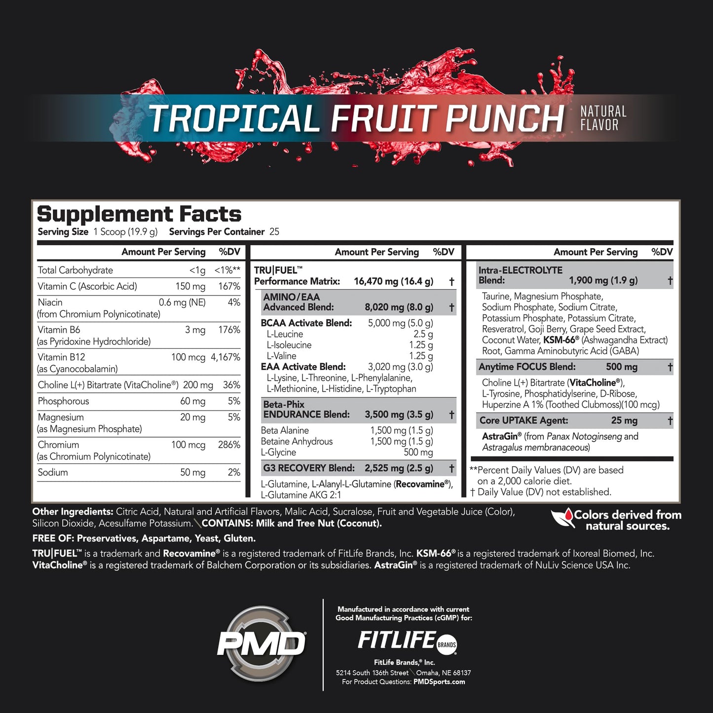 PMD Sports Core Fuel Endurance, Performance & Recovery - BCAAs, EAAs, Beta Alanine, Betaine Anhydrous, Glutamine, Electrolytes - Stim Free Tropical Fruit Punch Powder, 29.6 oz