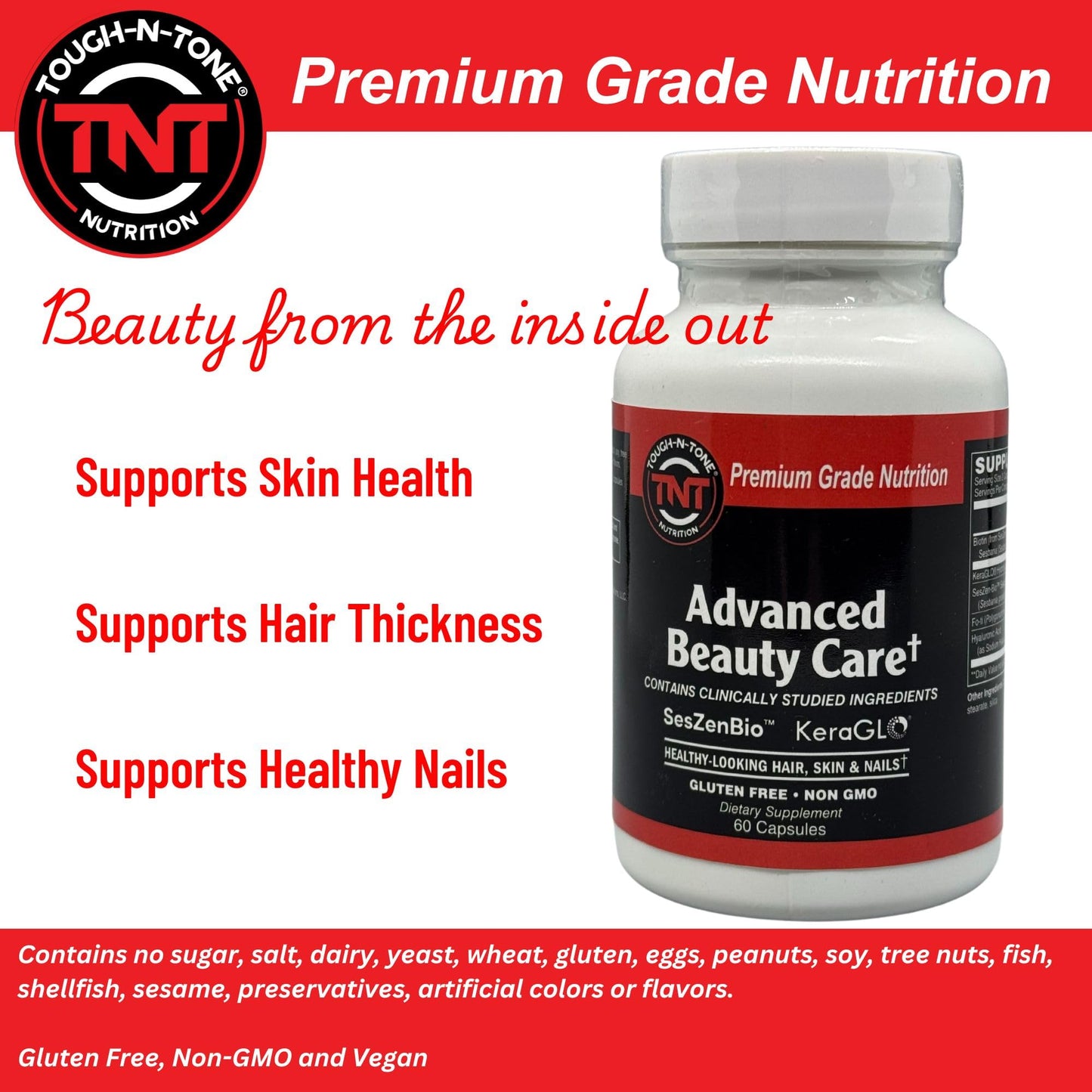 TOUGH-N-TONE Vegan Biotin with SesZen-Bio®, KeraGLO® Keratin, Fo-Ti & Hyaluronic Acid Hair, Skin & Nails Support Capsules, 120