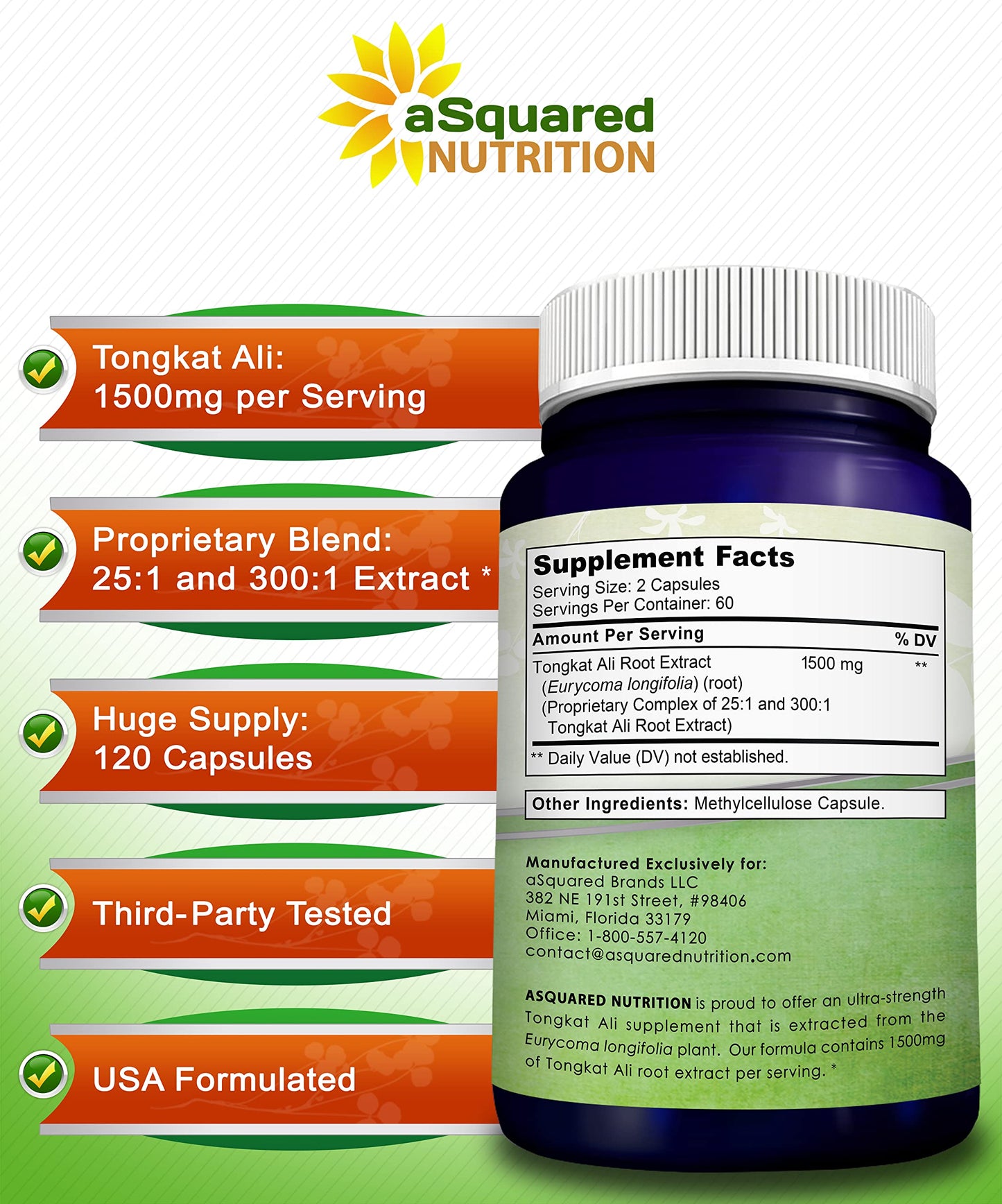 aSquared Nutrition Tongkat Ali 1500mg Longjack Extract Capsule 120 Count
