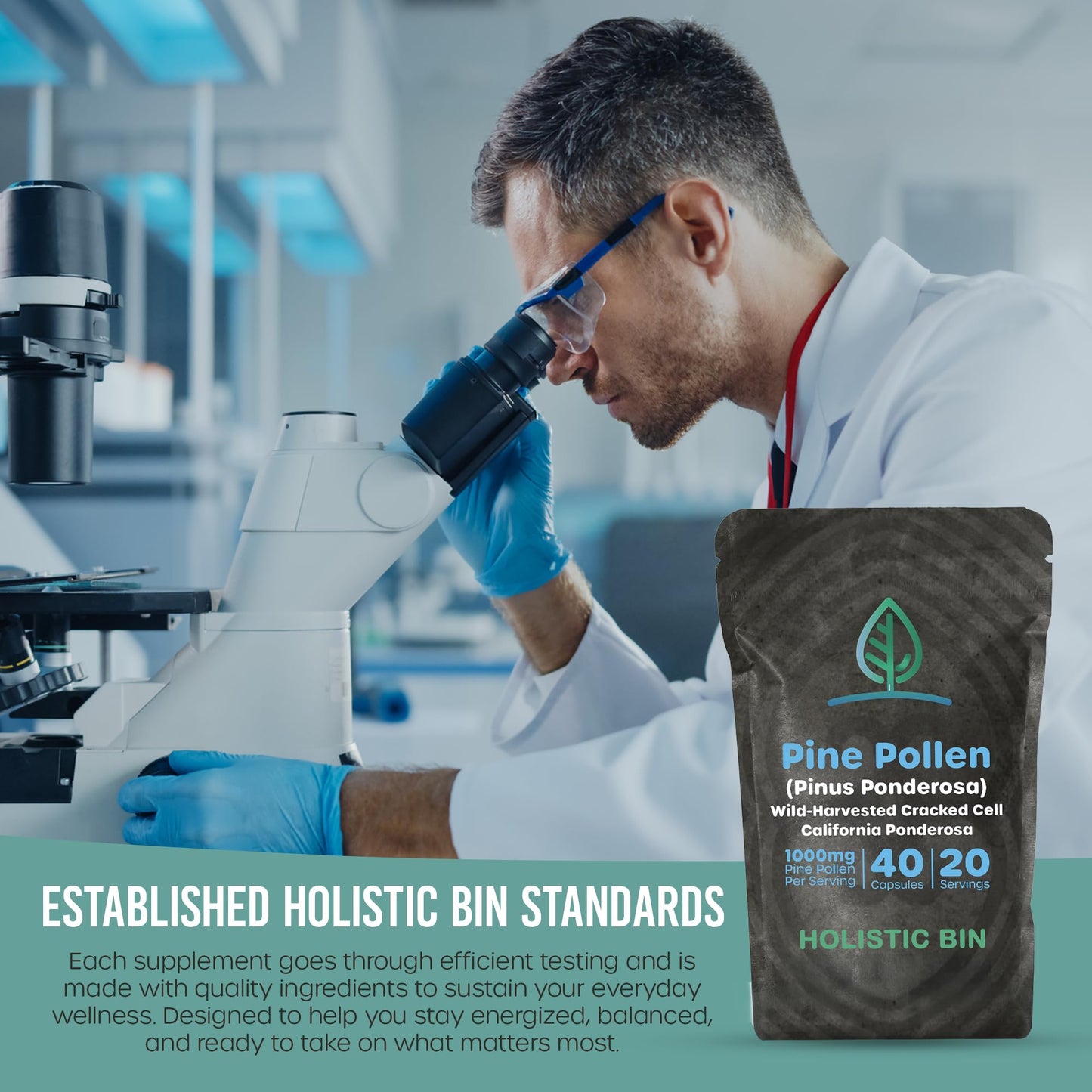 Holistic Bin Pine Pollen Capsules 500mg (Pinus Ponderosa) - Wild Harvested California Ponderosa Pine Pollen Powder - Olympic Grade - Organic, Non-GMO, No Fillers - 40 Capsules