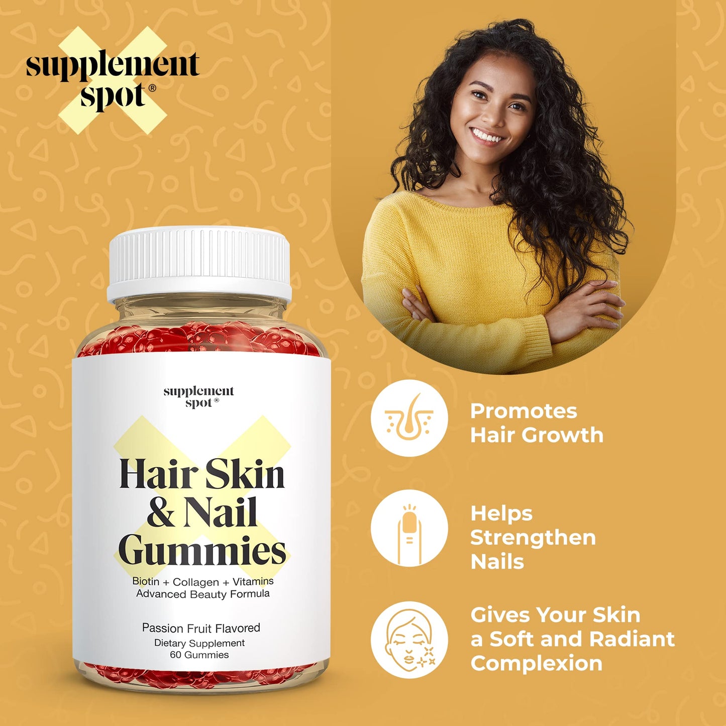 Supplement Spot Hair Skin and Nails Vitamins Biotin Gummies with Collagen, 6000 mcg Biotin, Passion Fruit Flavor, Gluten Free, 60 Gummies