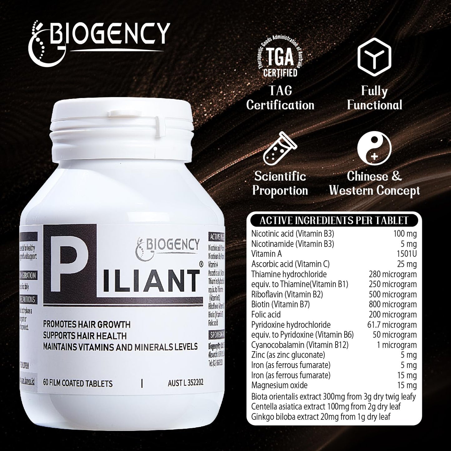 Biogency Piliant 3 Pack Hair Care Natural Supplement - NAD+ Vitamin Folic Acid Hair Niacinamide Complex Tablet, 180 Tablets