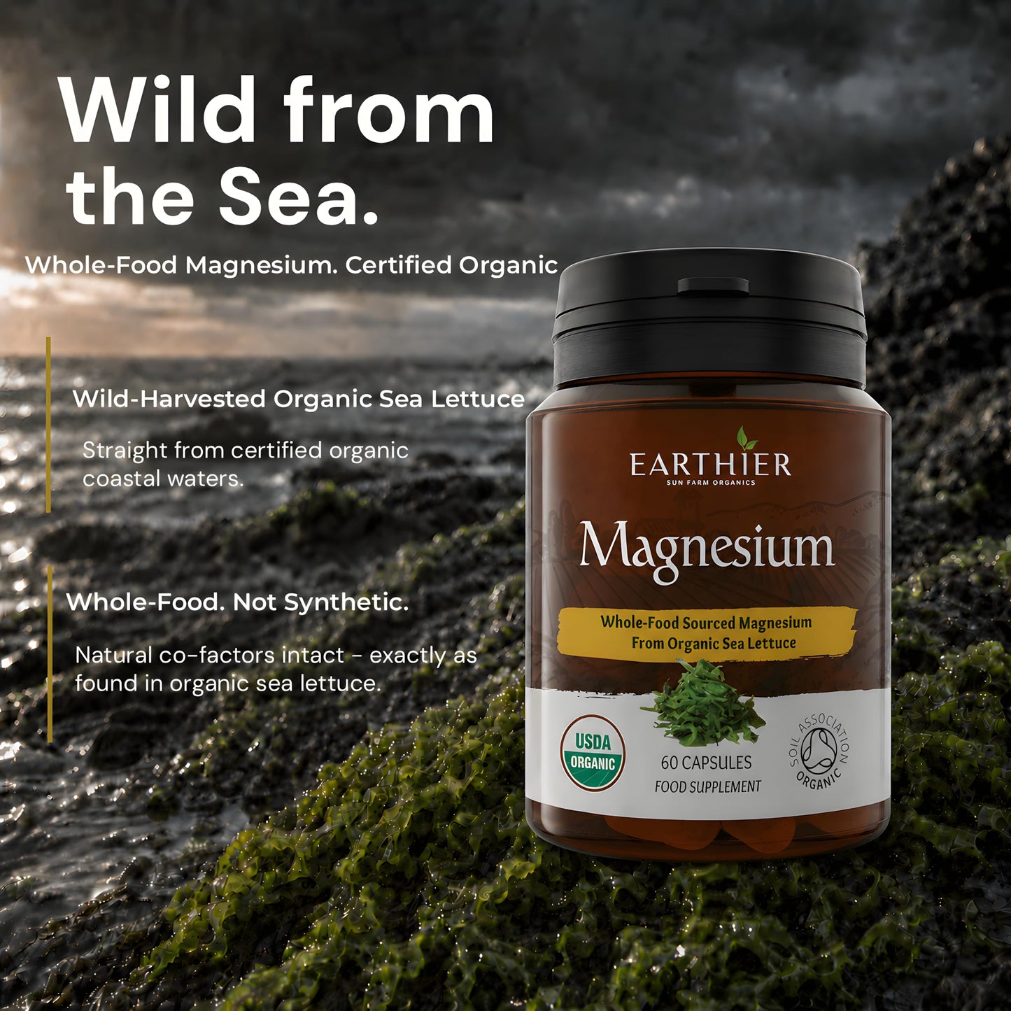 Earthier Organic Magnesium Whole Food Sourced & Certified by Soil Association Vegan Capsules, 60 Capsules