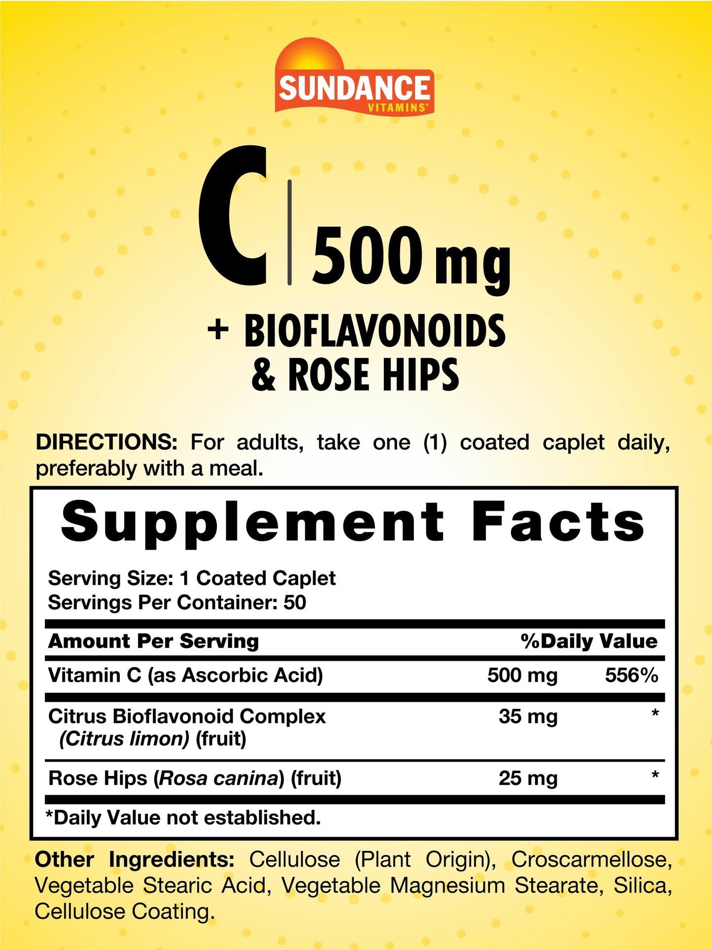 Sundance Vitamin C 500mg with Bioflavonoids and Rose Hips Caplets, 50 Count
