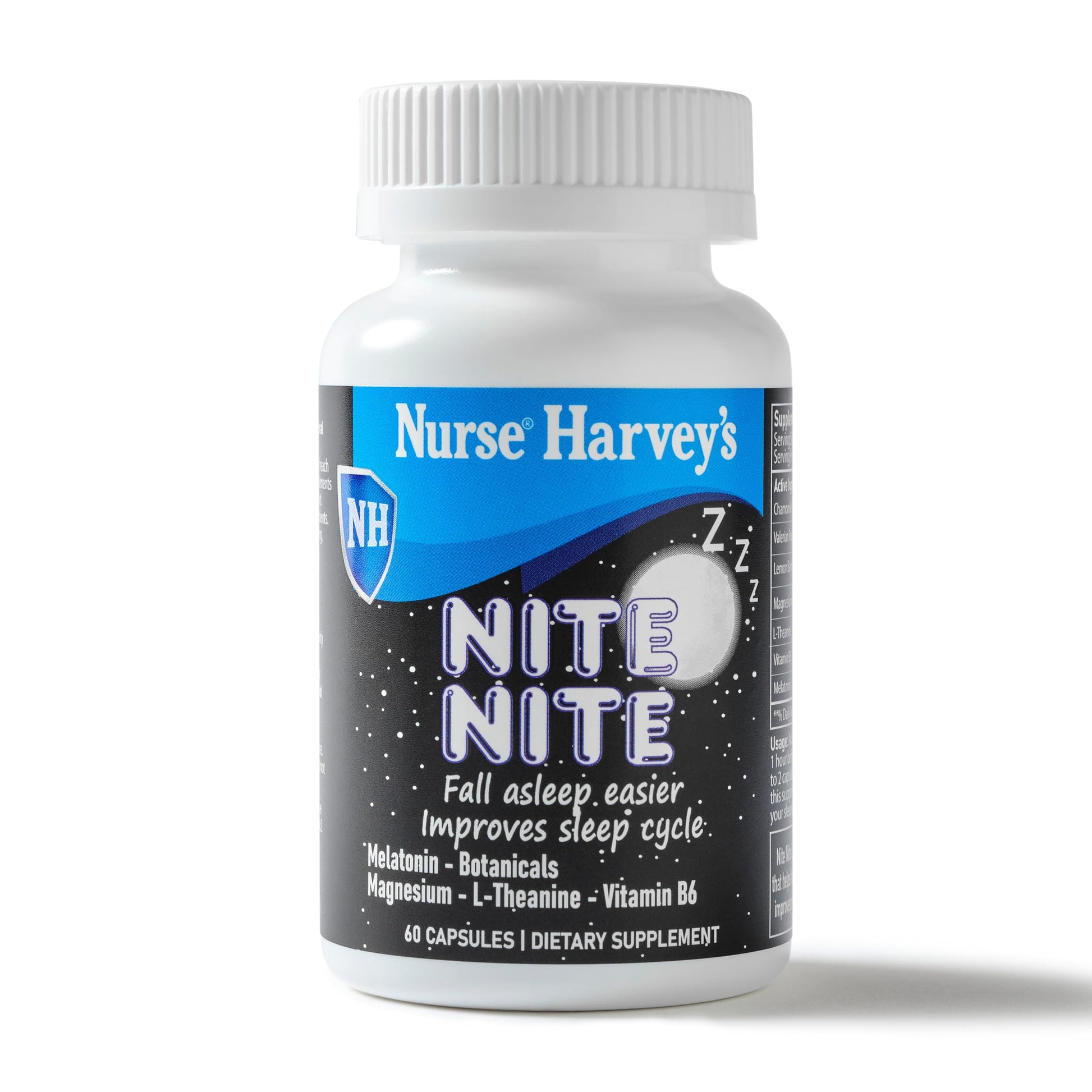 Nurse Harvey's Nite Nite Adult Sleep Capsules with 3mg Melatonin, Magnesium Bisglycinate, Vitamin B6 – 60 Vegan Capsules