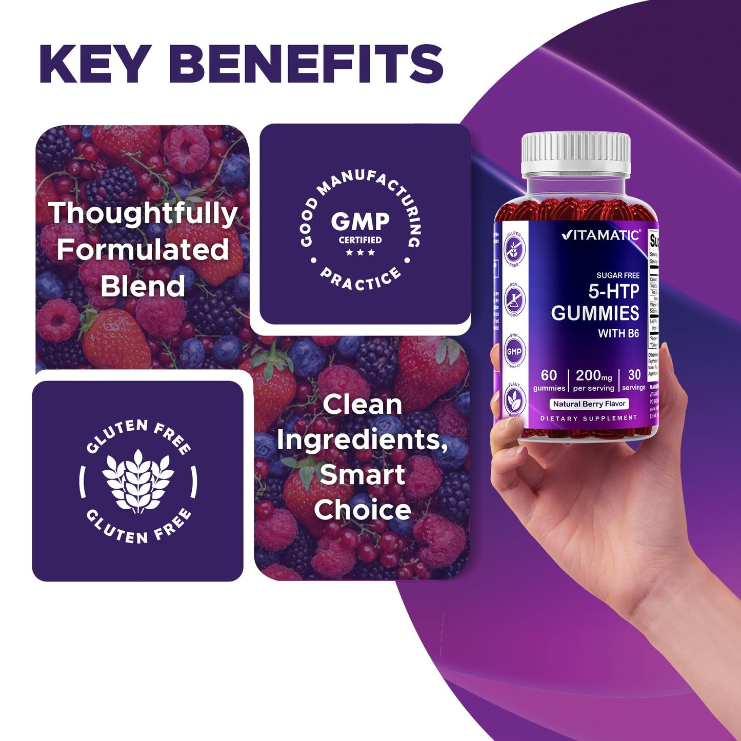 Vitamatic Sugar Free 5-HTP 200mg Gummies with B6, 60 Gummies