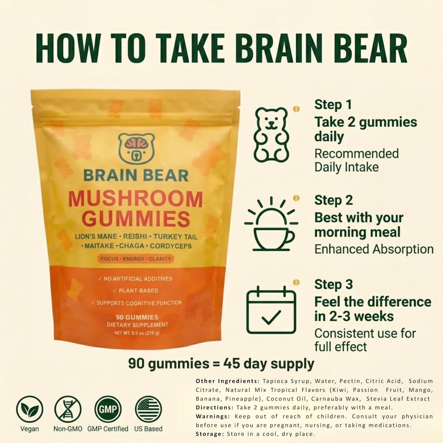 Brain Bear LLC Mushroom Gummies Lion’s Mane, Reishi, Cordyceps, Chaga, Maitake Gummy 90 Count