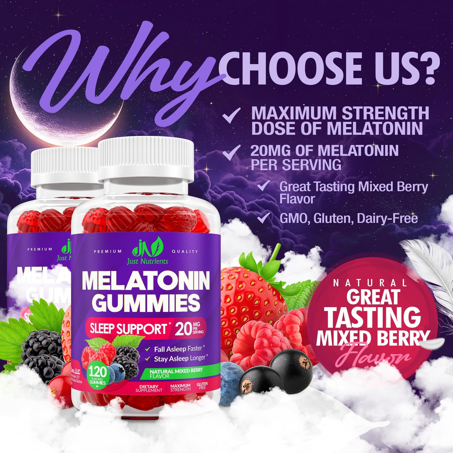 Just Nutrients Melatonin 20mg Gummies, 120 Count