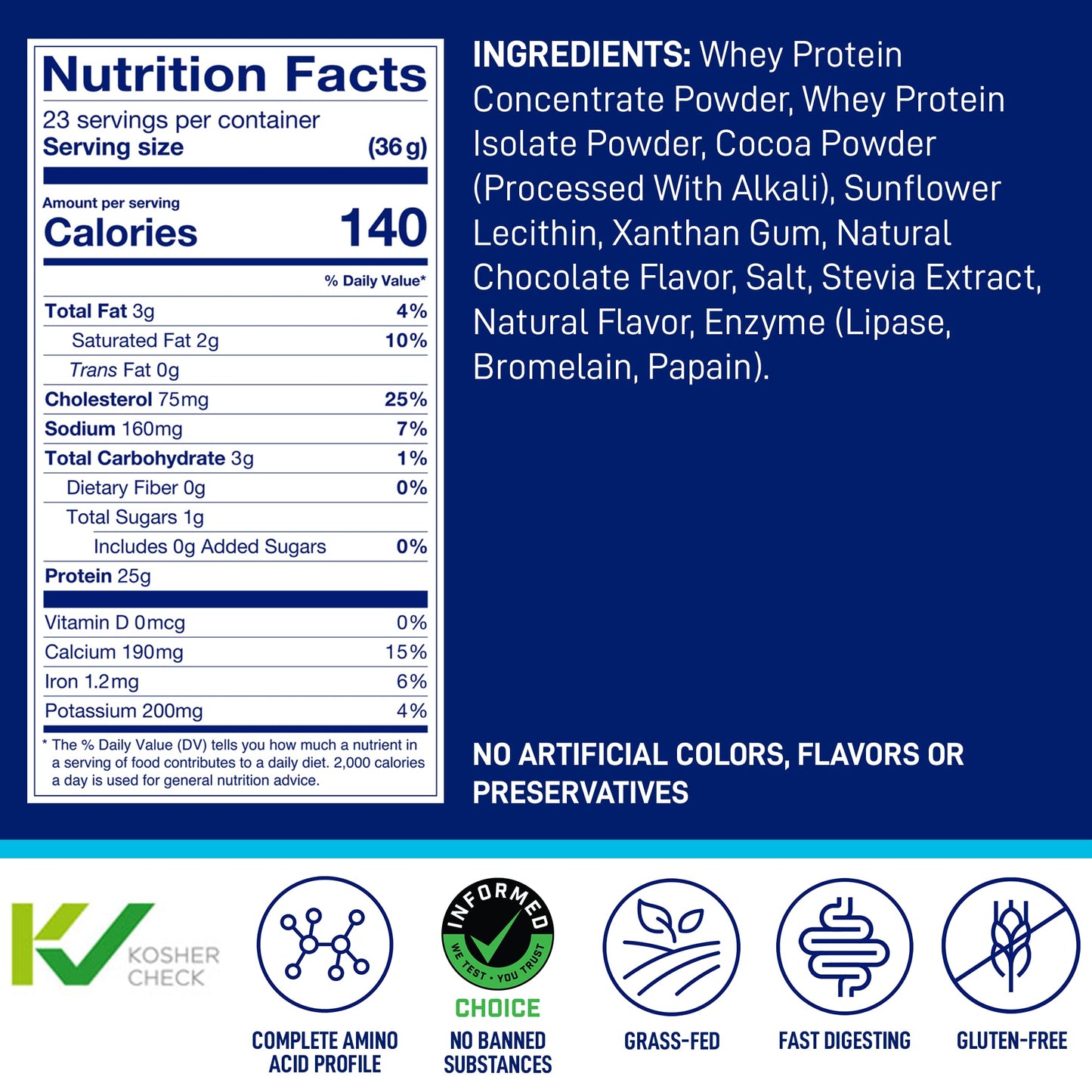 LeanFit Grass-fed Whey Protein Powder Natural Chocolate, Gluten-Free, Keto-Friendly & Low-Carb, 30 Servings