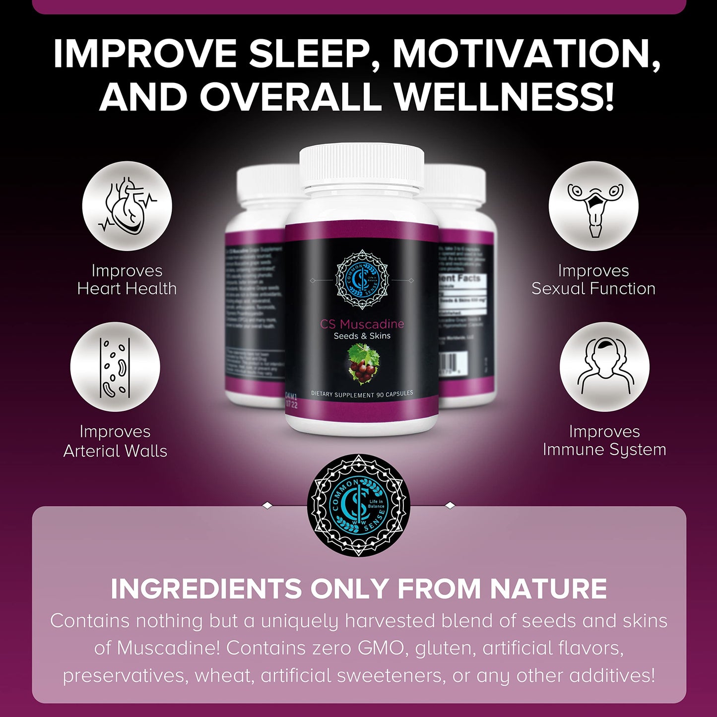 Common Sense Wellness Worldwide Commonsense Pure Muscadine Grape Seed and Skin Extract Capsules, 90 Count