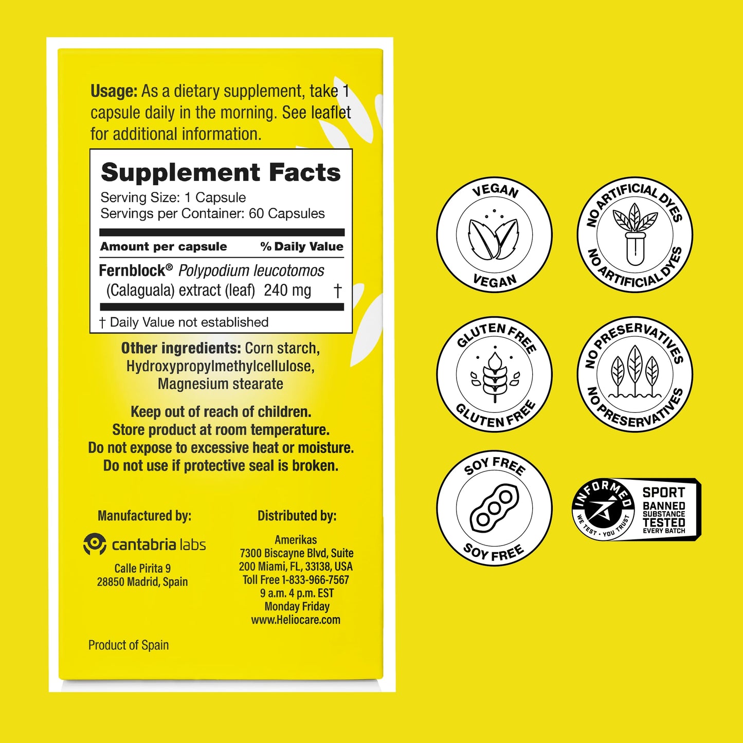 Heliocare Skin Care Dietary Supplement 240mg Polypodium Leucotomos Extract Capsules, 60 Veggie Capsules