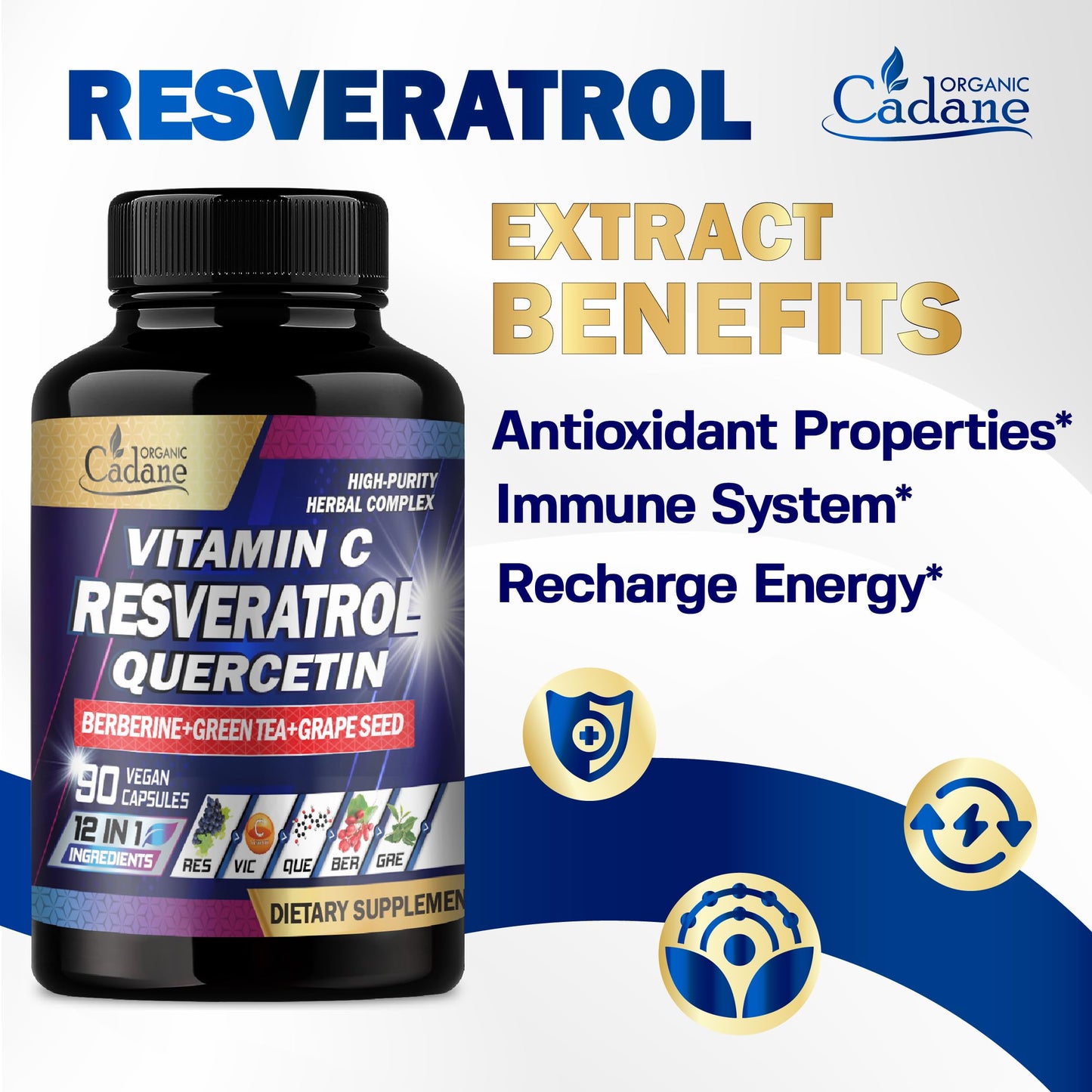 Organic Cadane Resveratrol Supplement 12-in-1 Capsules 90 Count
