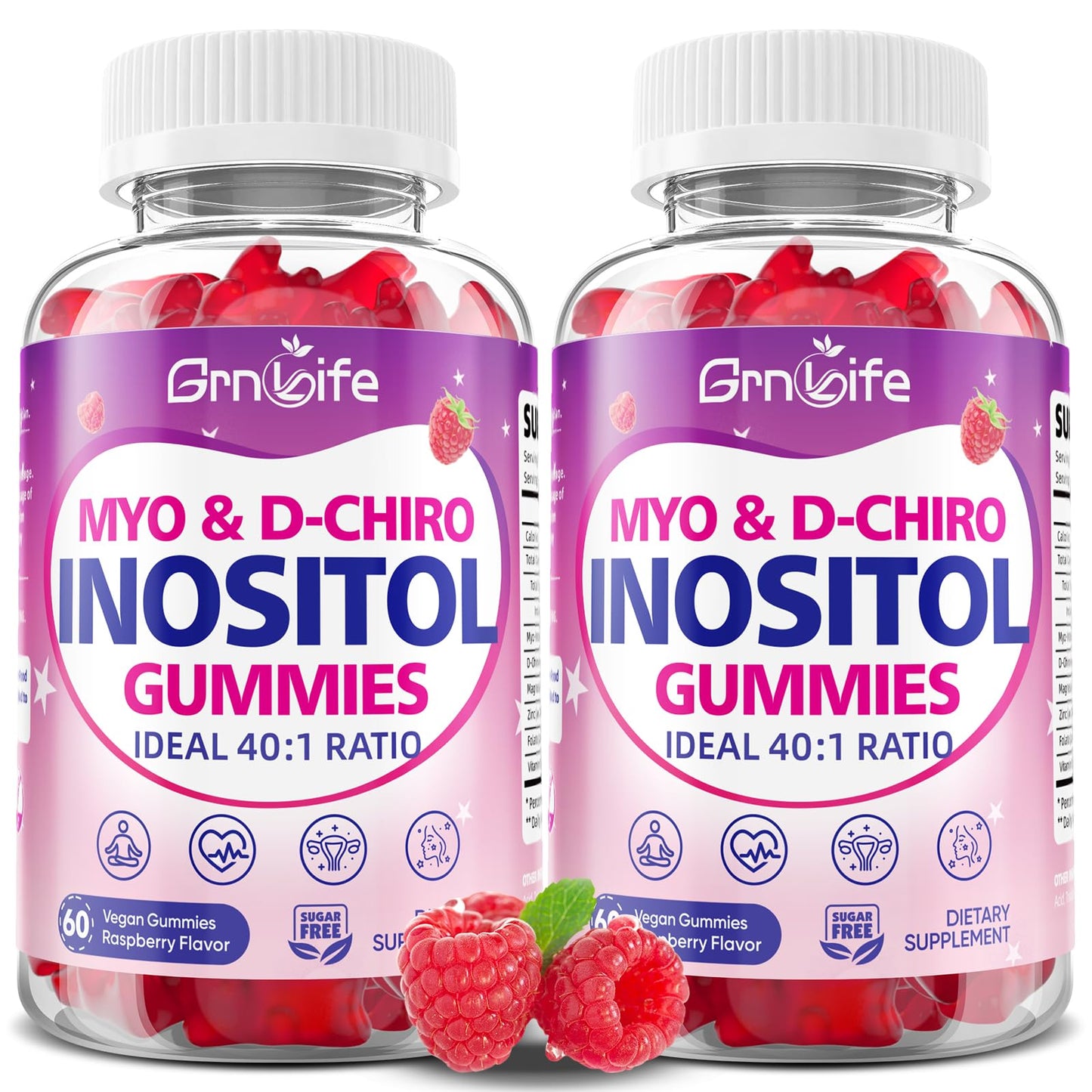GrnLife Myo-Inositol & D-Chiro Inositol Gummies, 40:1 Ratio, with Vitamin D3, Magnesium Glycinate, Methyl Folate, Raspberry Flavor, Sugar Free, 120 Gummies