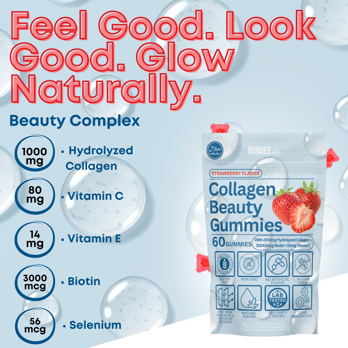 BUNGEE Collagen Beauty Gummies Chewable, 60 Gummies