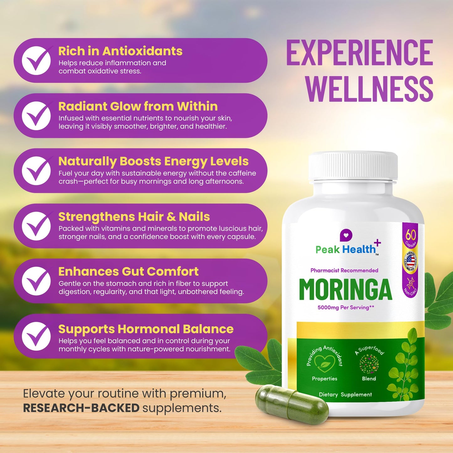 Peak Health Moringa Daily Stress & All-Day Energy Support Capsule, 60 Count