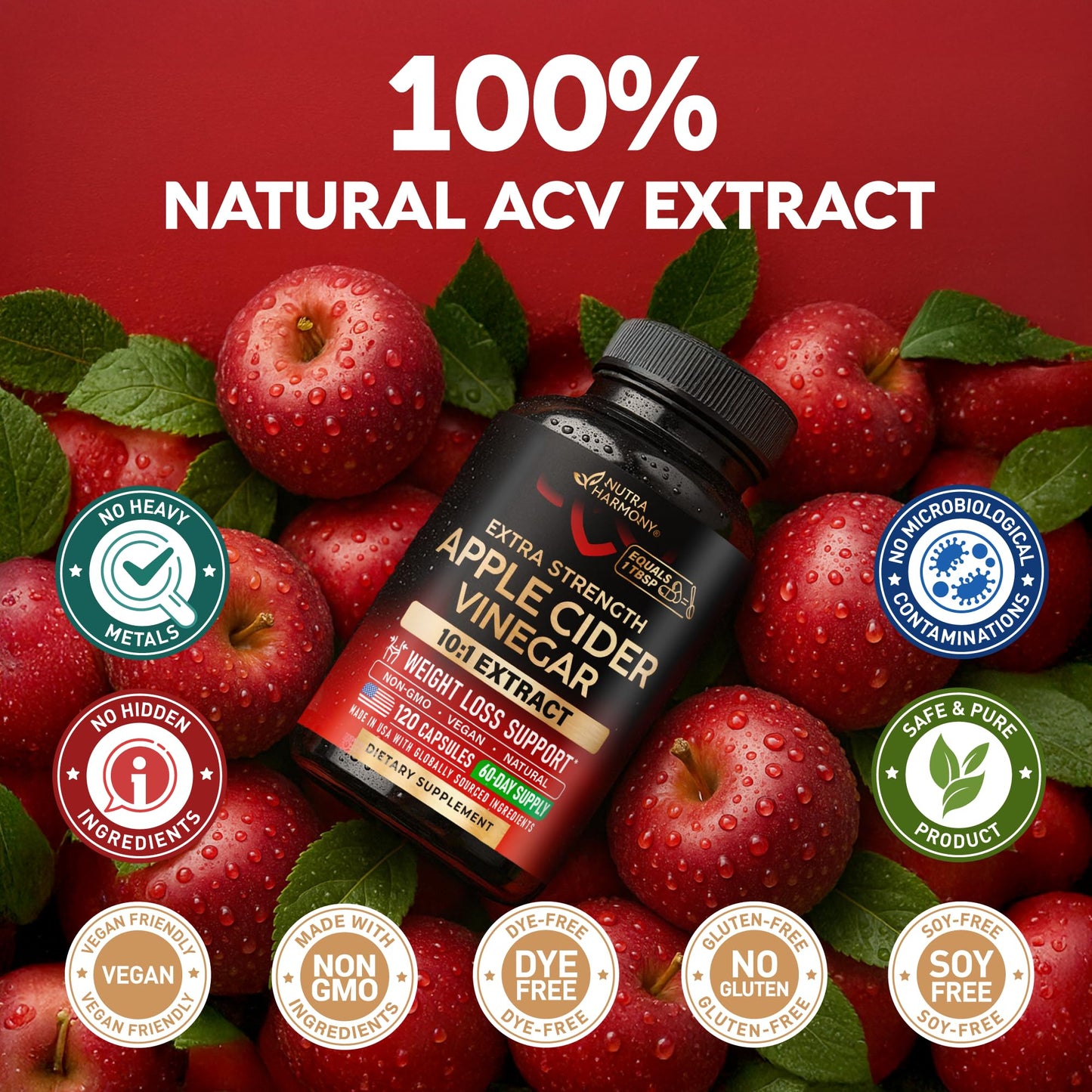 NutraHarmony Pure Apple Cider Vinegar Capsules, 120 Count