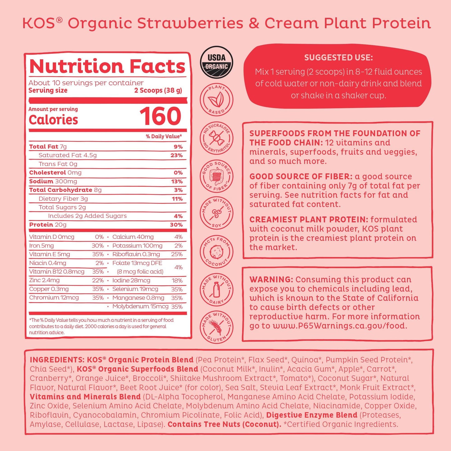 KOS Vegan Protein Powder Strawberries & Cream, 10 Servings