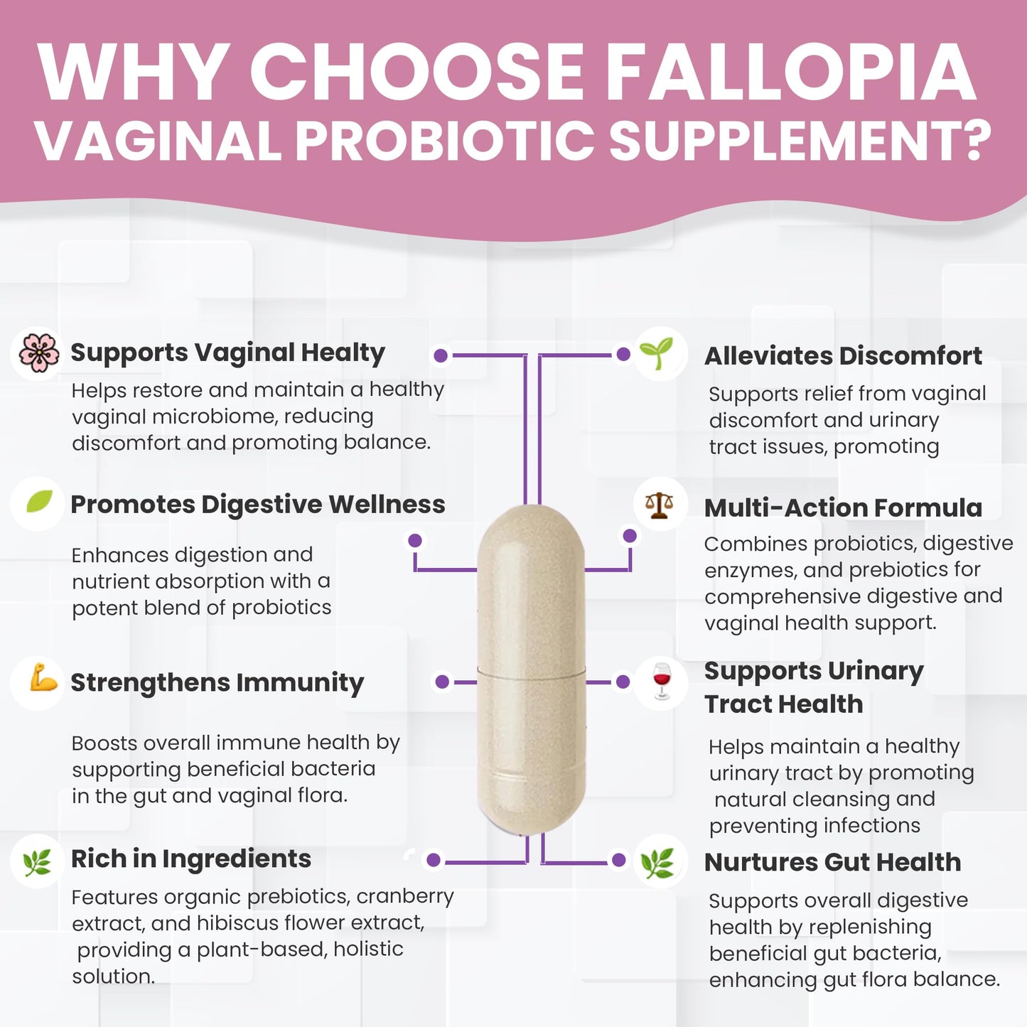 Fallopia Vaginal Probiotics for Women with Prebiotics Cranberry D-Mannose Digestive Enzymes & Hibiscus 34 Strains 100 Billion CFU Feminine Care Supplement for Gut Urinary Health & pH Balance Capsule 60 Count