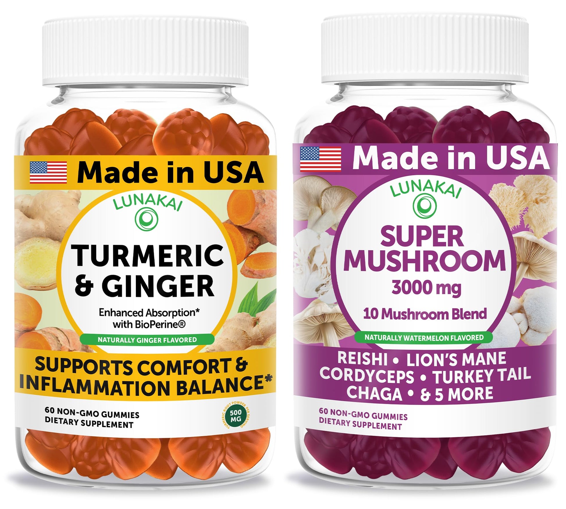 Lunakai Turmeric & Ginger + Super Mushroom Gummies Bundle 120 Gummies