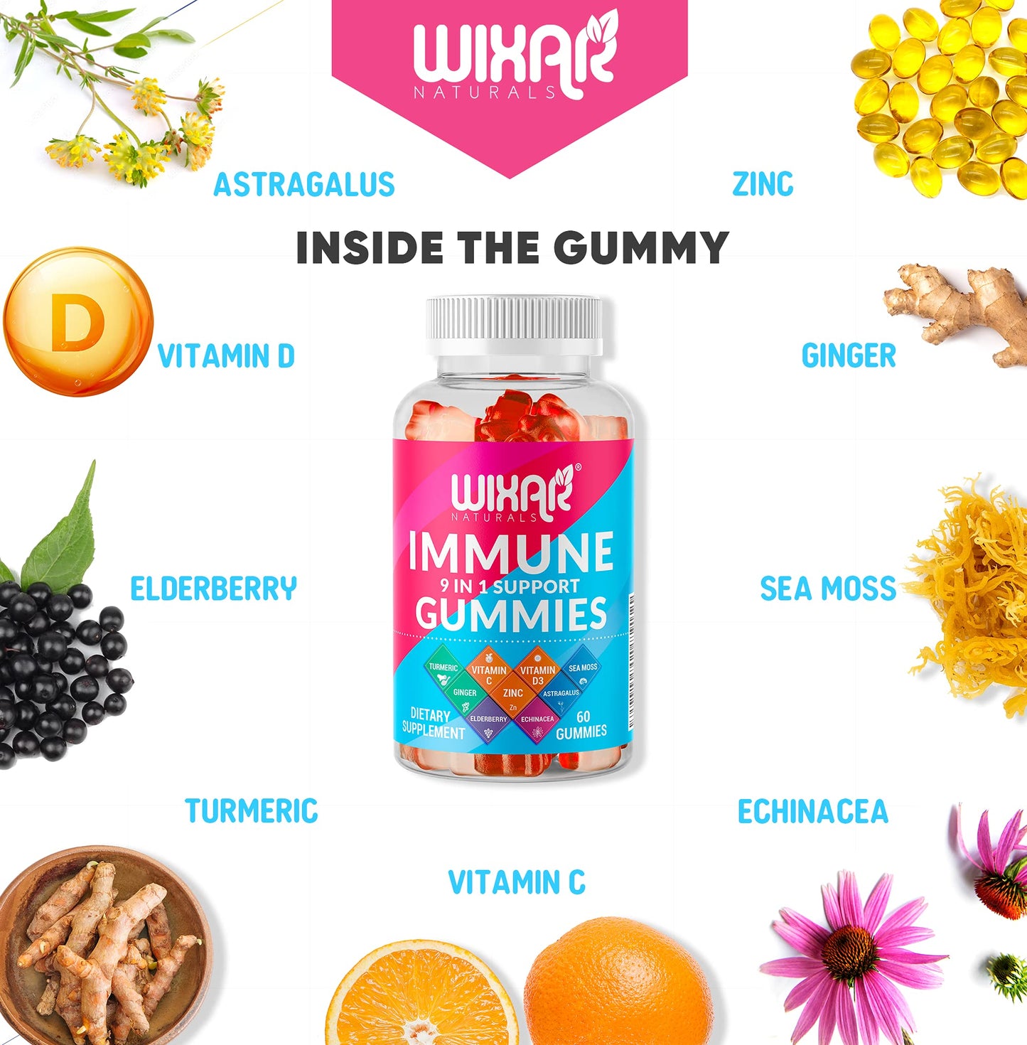 WIXAR NATURALS 9 in 1 Immune Support Gummies with Elderberry, Vitamin C&D, Zinc, Turmeric, Ginger, Echinacea, Astragalus & Sea Moss, 60 Gummies