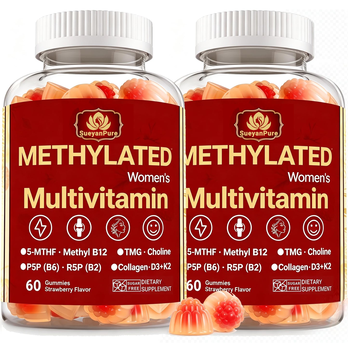 SueyanPure Methylated Women's Multivitamin Gummies with 5-MTHF, Methyl B12, 300mg Collagen, D3, K2, Vegetarian Friendly, Sugar-Free, Strawberry Flavor 120 Gummies