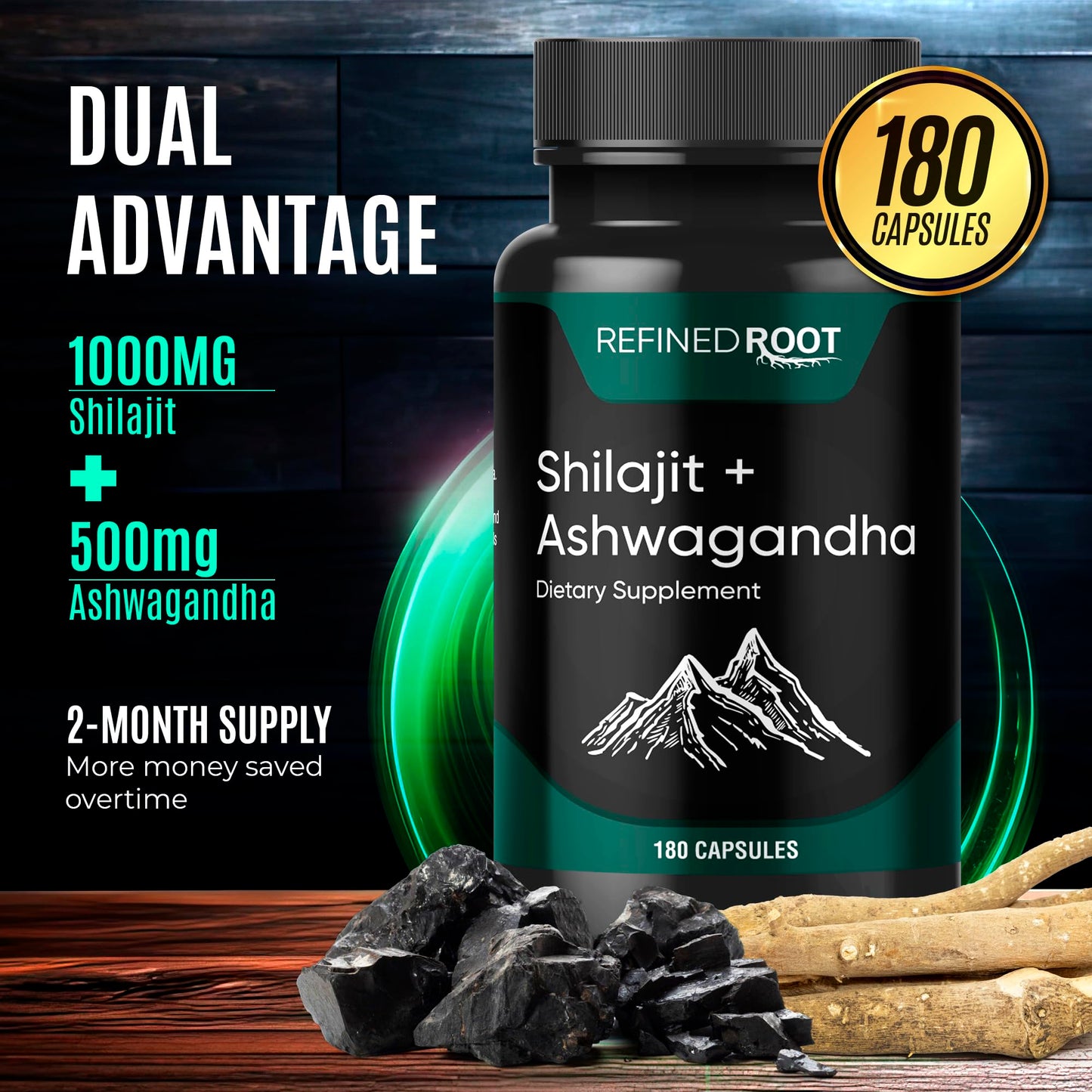 Blast Supplements Shilajit for Men 1000mg & Ashwagandha 500mg Capsules, 180 Count