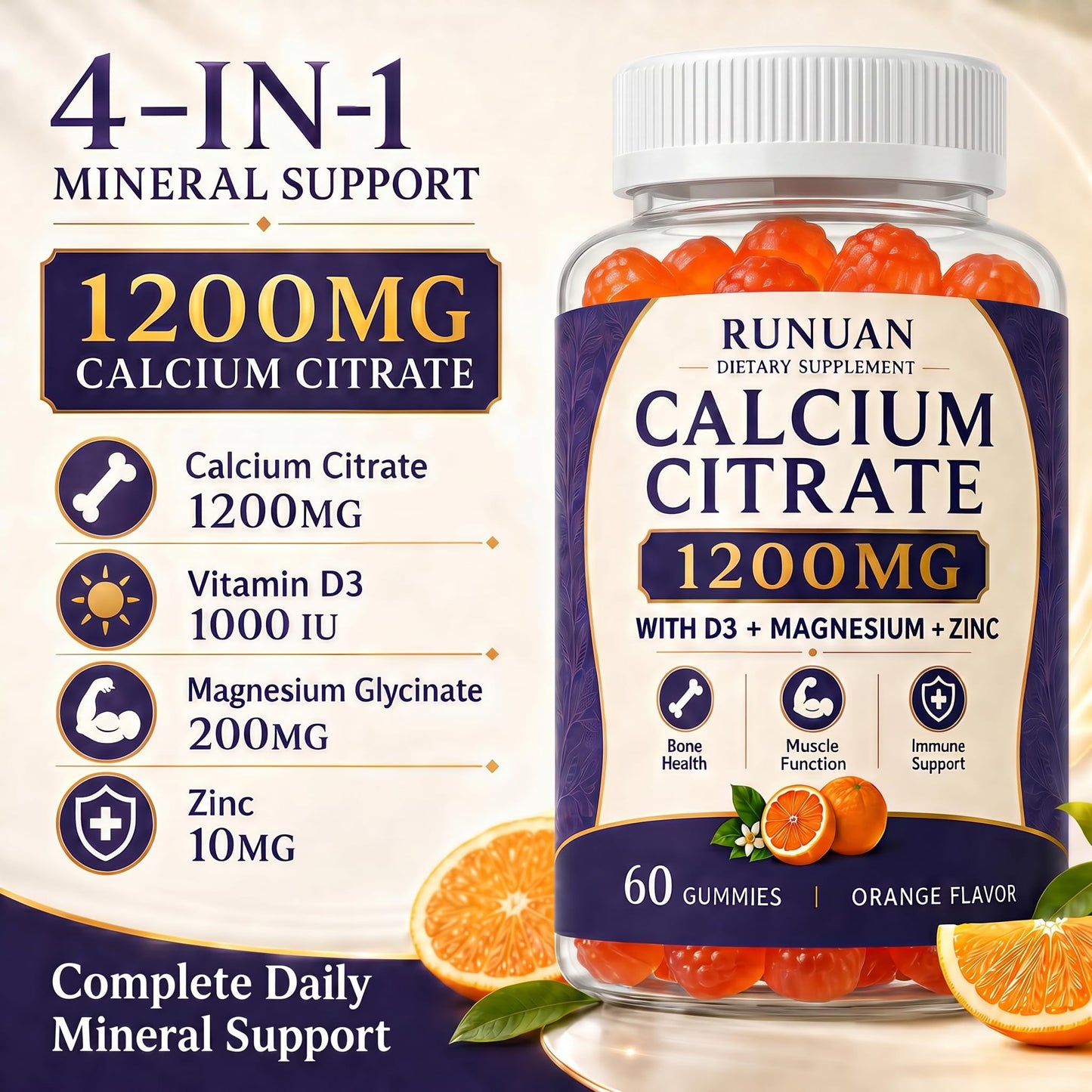 RUNUAN Calcium 600mg, 1200mg Magnesium, Zinc D3 Gummies, 120 Count