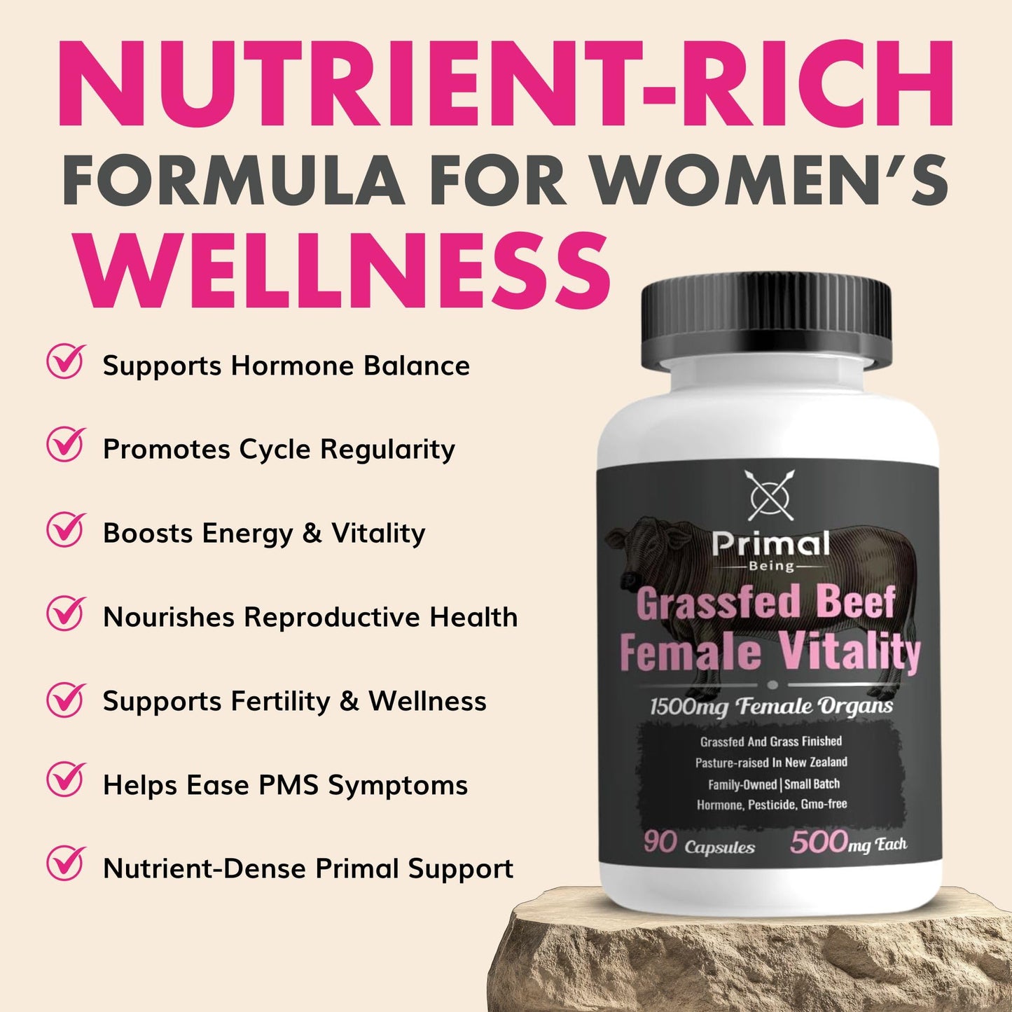 Primal Being Grassfed Beef Female Vitality Supplement Capsule, 90 Capsules