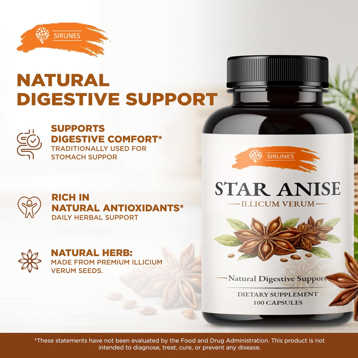 SIRUNES Star Anise Capsules, 100 Count