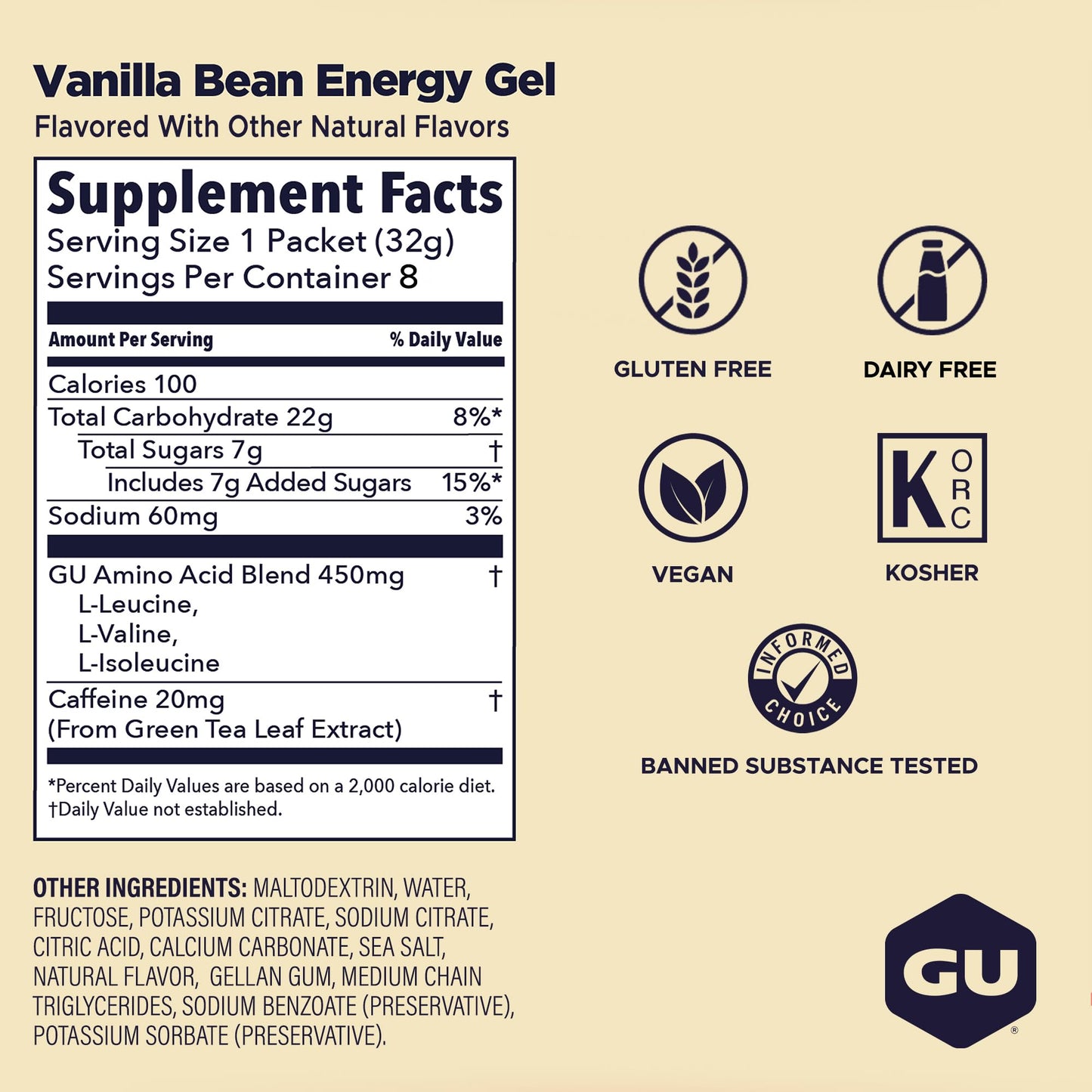 GU Energy Original Sports Nutrition Energy Gel, Vegan and Dairy-Free On-the-Go Energy for Any Workout, Vanilla Bean, 8-Count