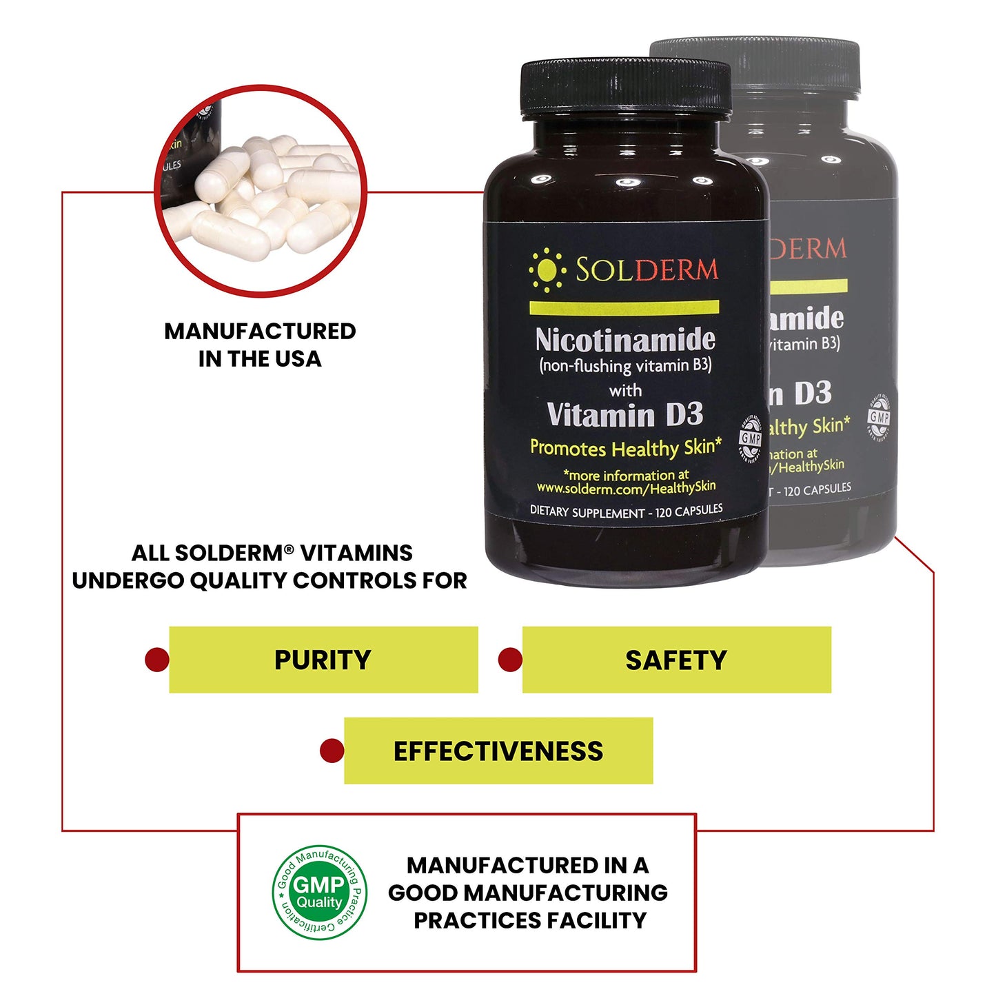 SOLDERM Nicotinamide Non-Flushing Vitamin B3 and D3 Supplement Capsules, 120 Capsules