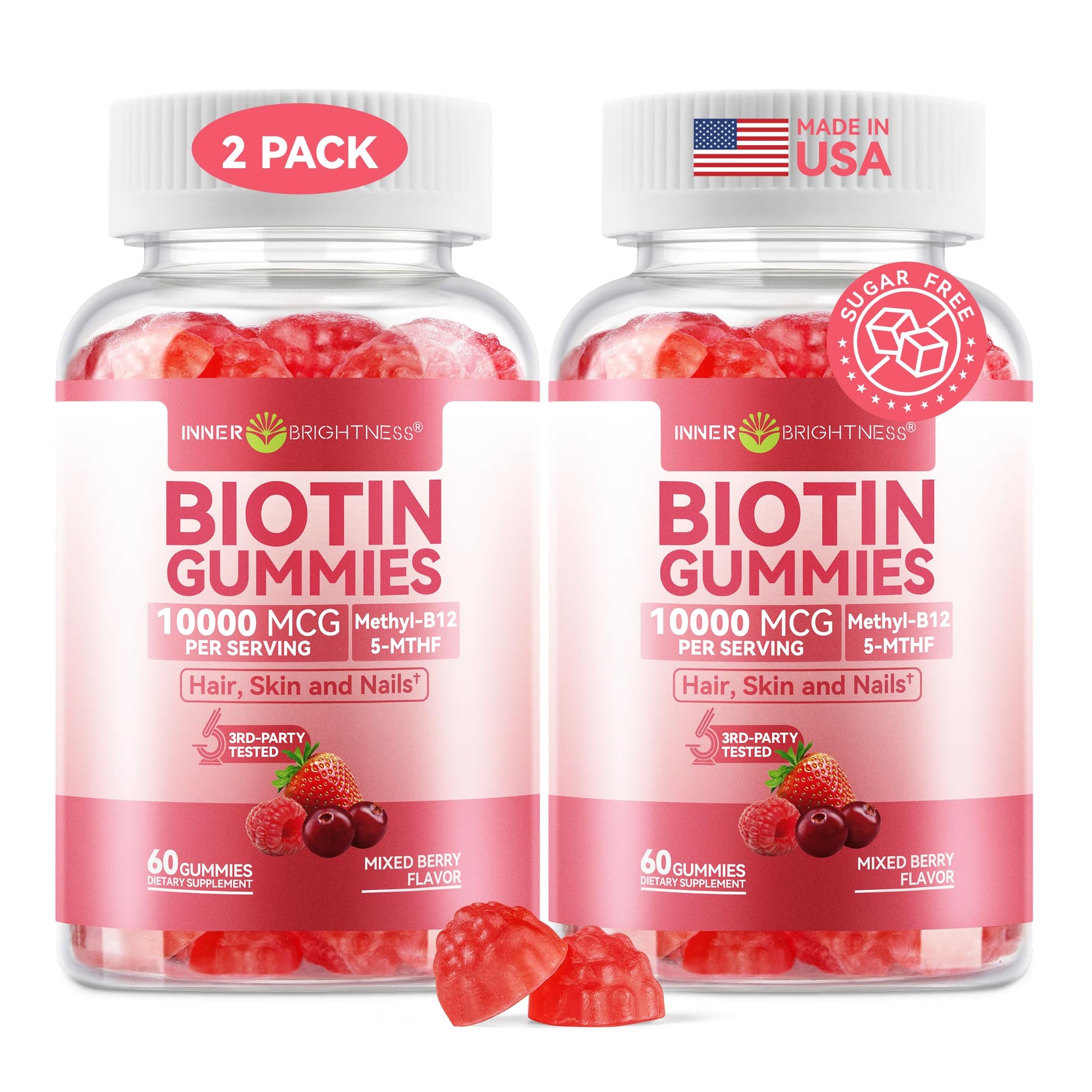 Inner Brightness Biotin 10,000mcg Gummies for Women - Hair Skin Nails, 120 Gummies