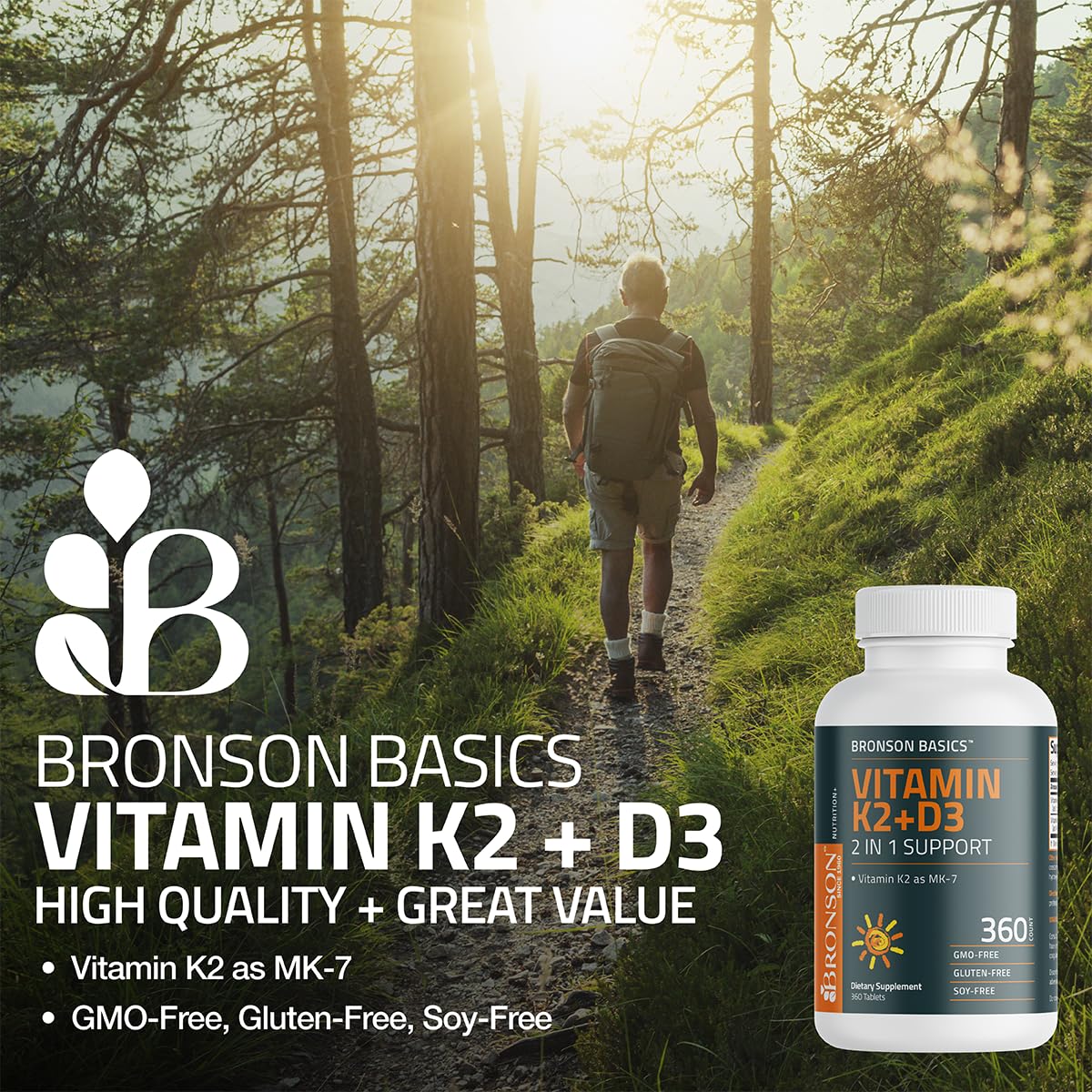 Bronson Vitamin K2 D3 (MK7) Supplement 2-in-1 D3 & K2 Complex Tablet, 120 Tablets