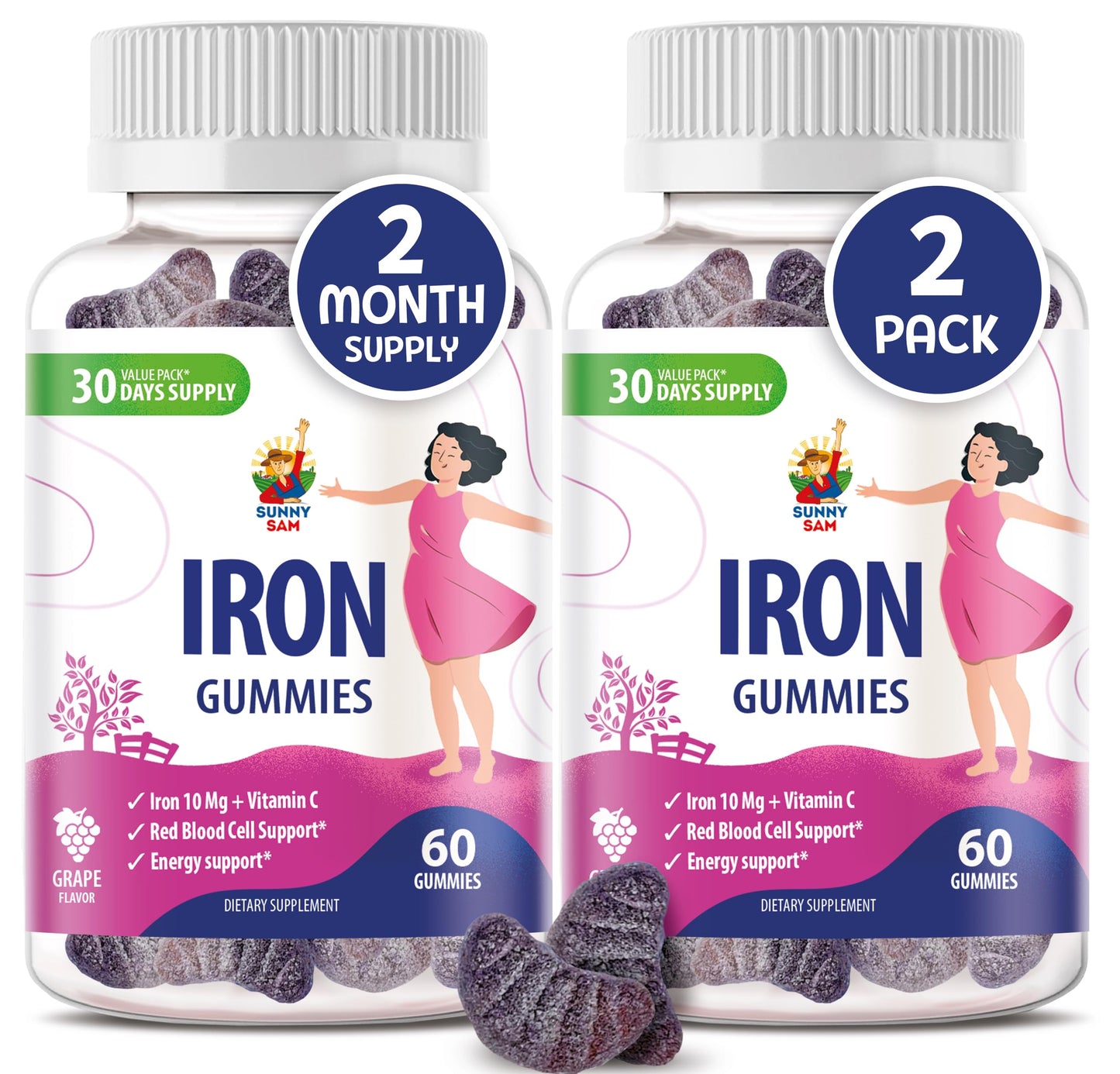 Sunny Sam Iron Gummies with Vitamin C, 10 mg per Serving, Gummy, 120 Count
