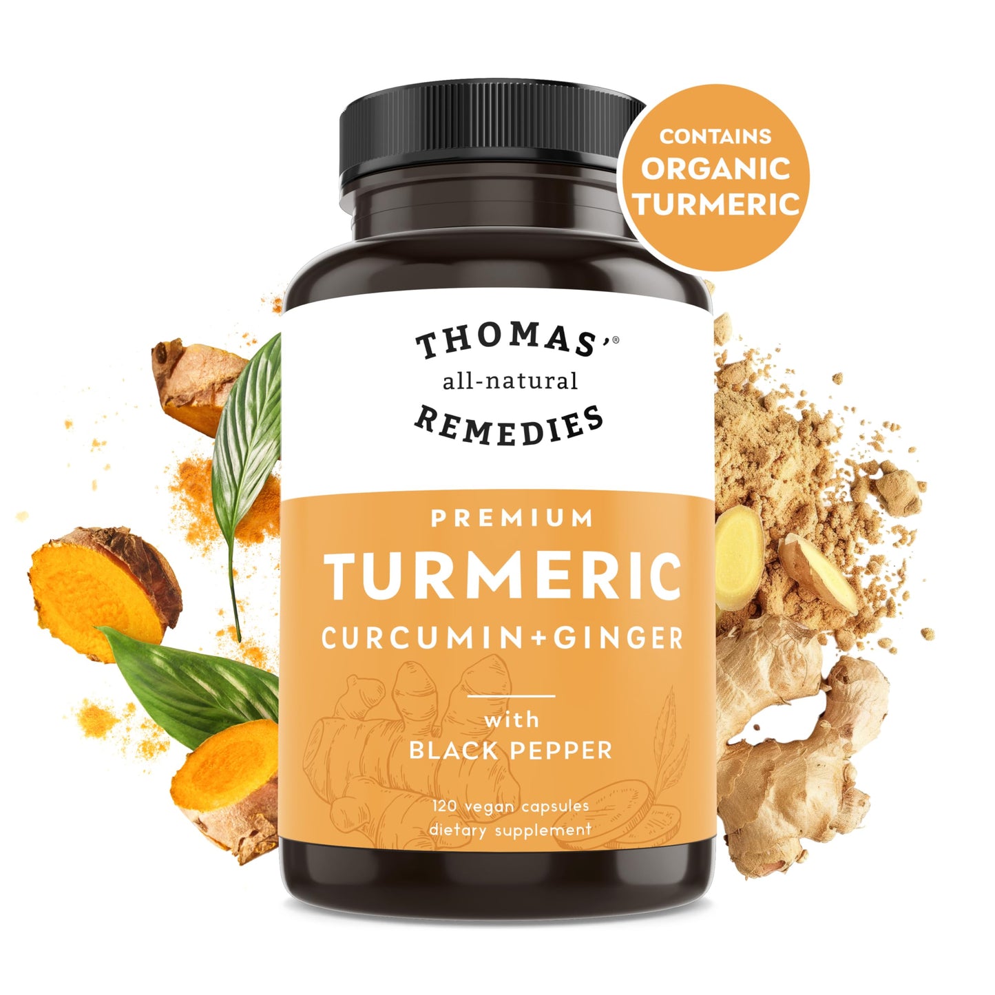 Thomas' all-natural Remedies Turmeric Curcumin and Ginger Joint Support Supplement Capsule 120 Count