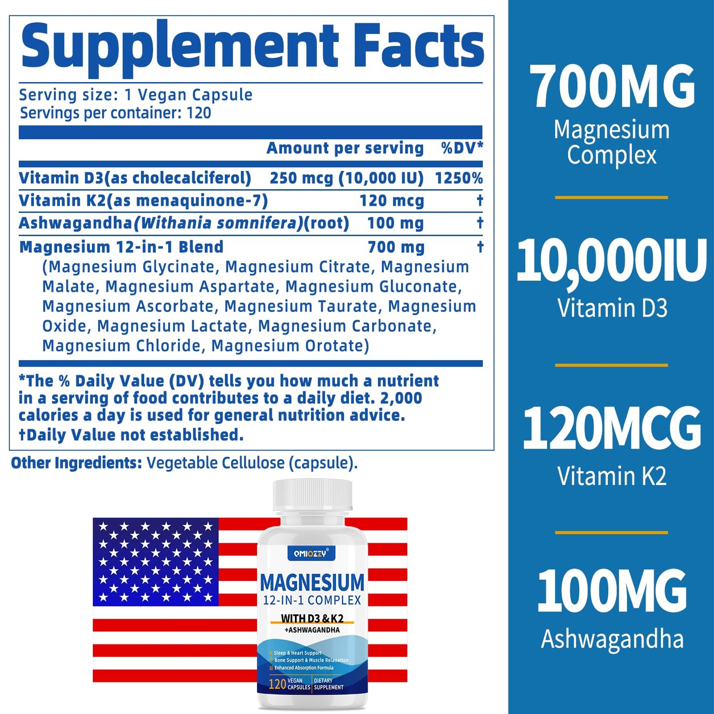 Qmiozzy Magnesium Complex 12 in 1 Supplement Capsules, 120 Count
