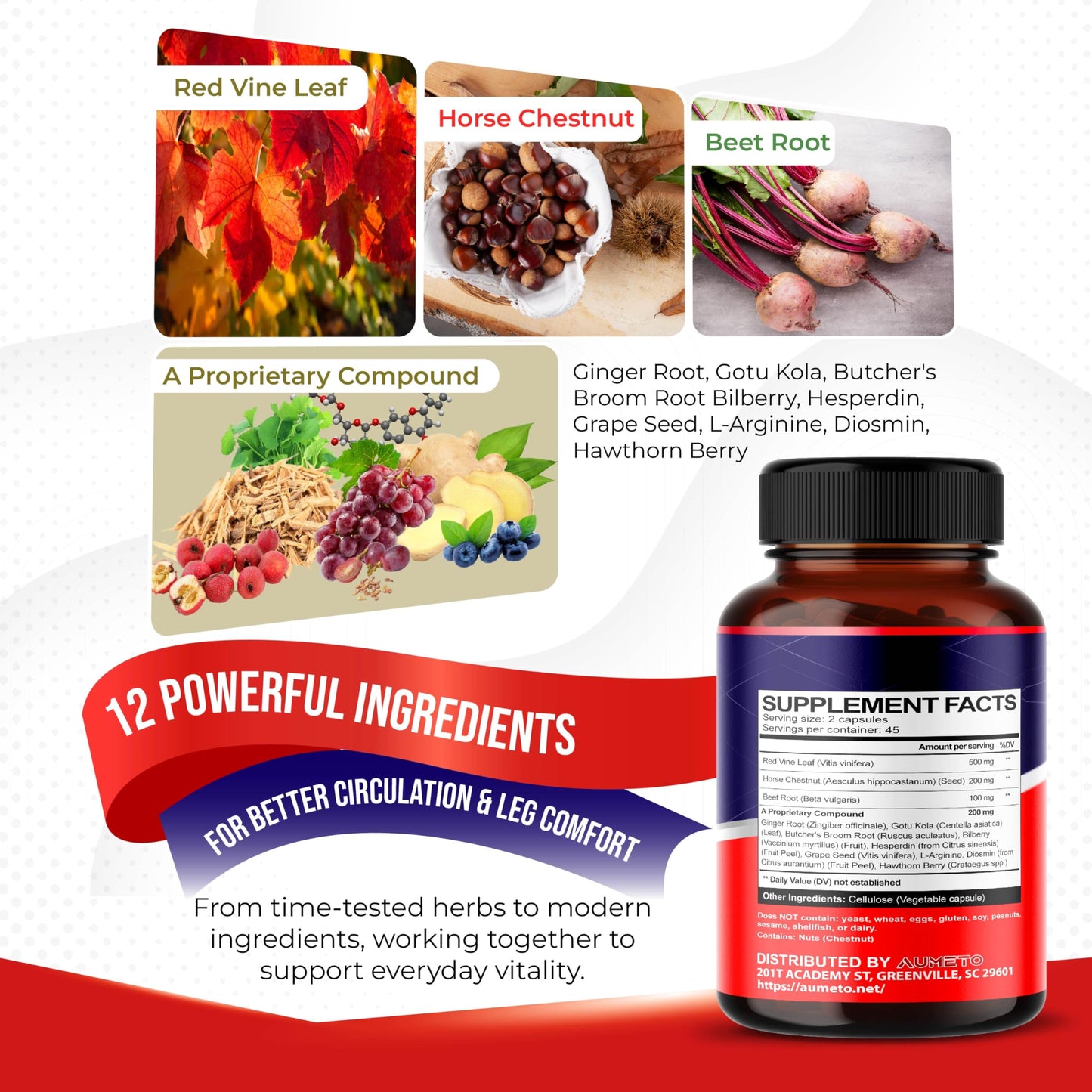 AUMETO Red Vine Leaf Supplement with Horse Chestnut, Beetroot, Ginger Capsules 90