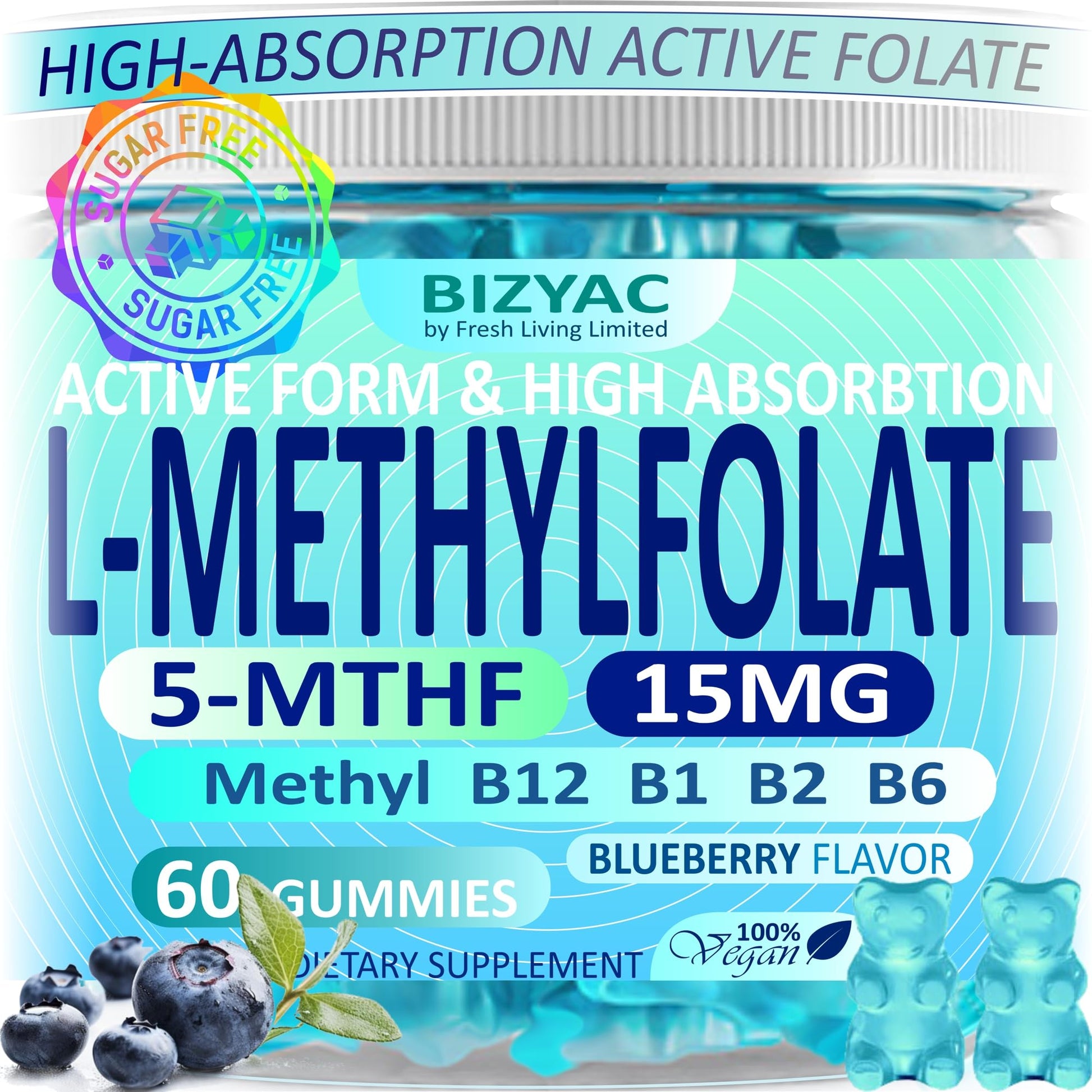 BIZYAC L-MethylFolate 15mg & Methyl B12 Gummies, Methylated B1, B2, B6 Multivitamins - Active 5-MTHF & High Absorption - Folate Metabolism - Vegan Multivitamin, 60 Gummies