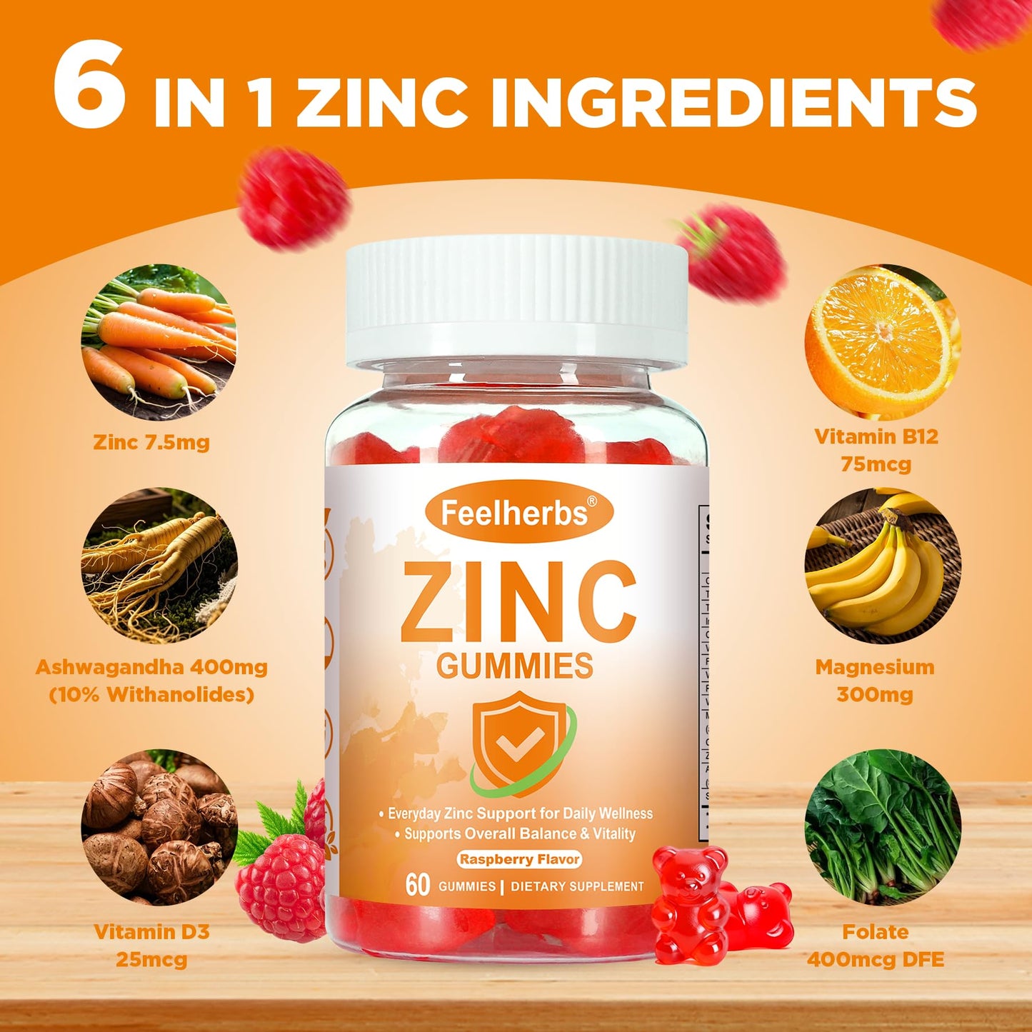 Feelherbs Zinc Gummies for Women Immune & Skin, 60 Count