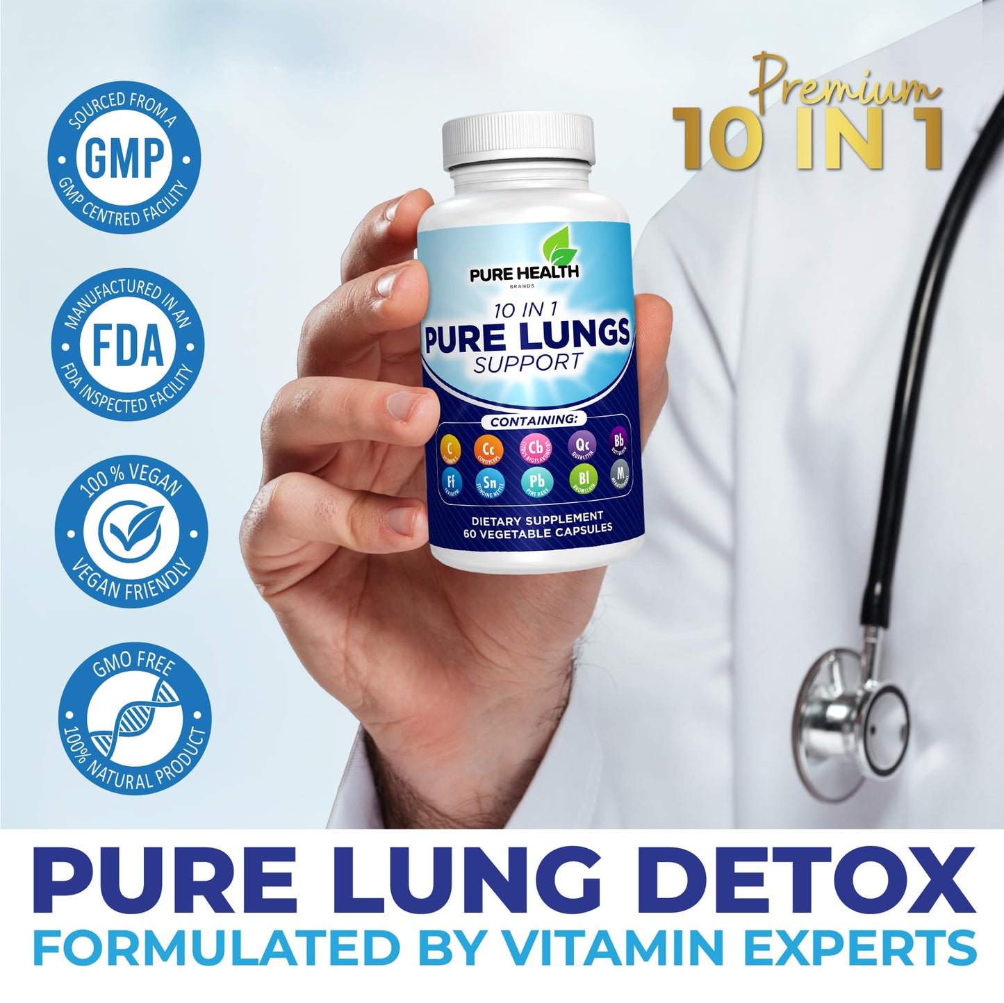 Pure Health Brands Pure Lungs Support 10-in-1 Lung Cleanse & Detox Supplement Capsules, 60 Count
