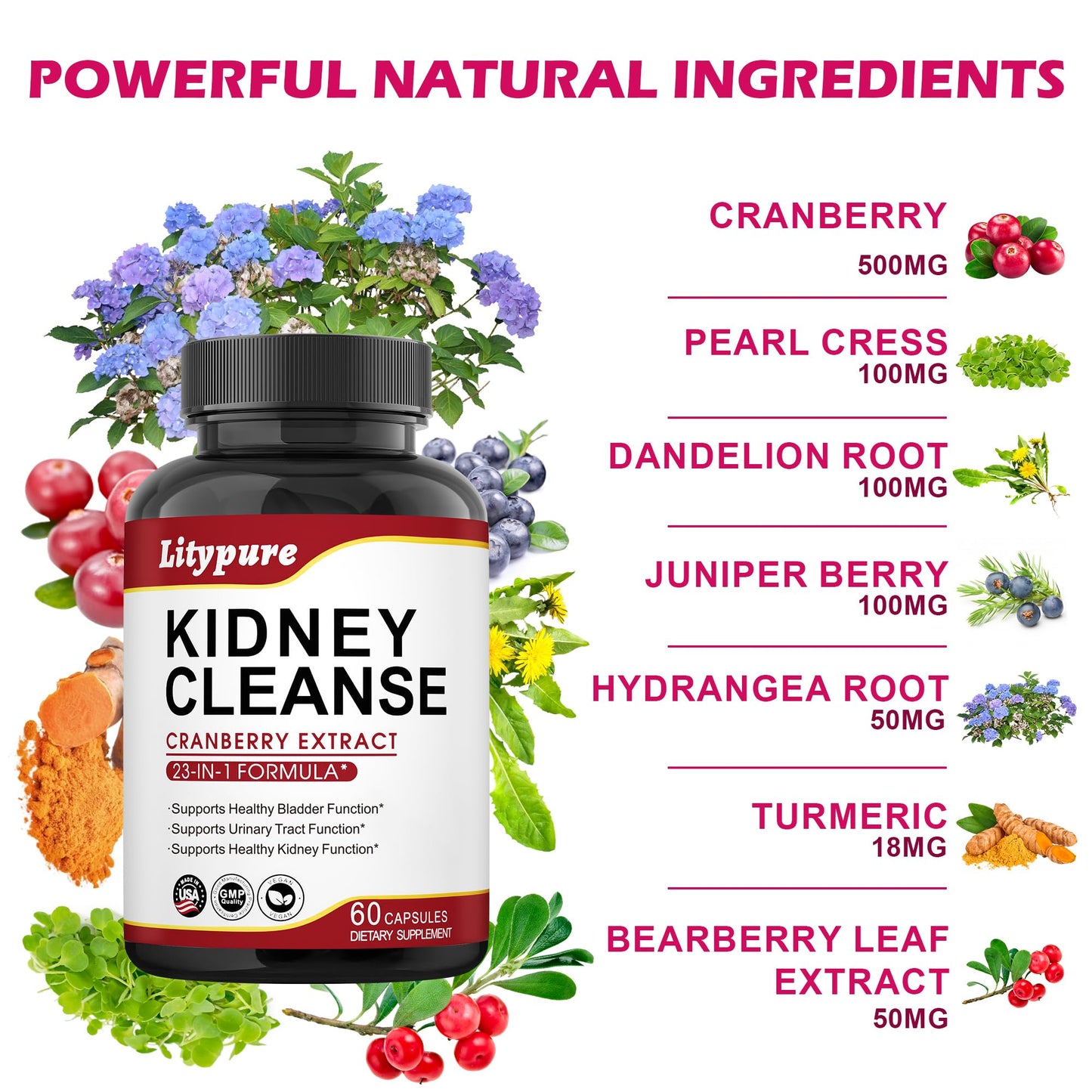 Litypure 23-in-1 Kidney Cleanse Detox & Repair with 50:1 Cranberry Extract, 60 Capsules