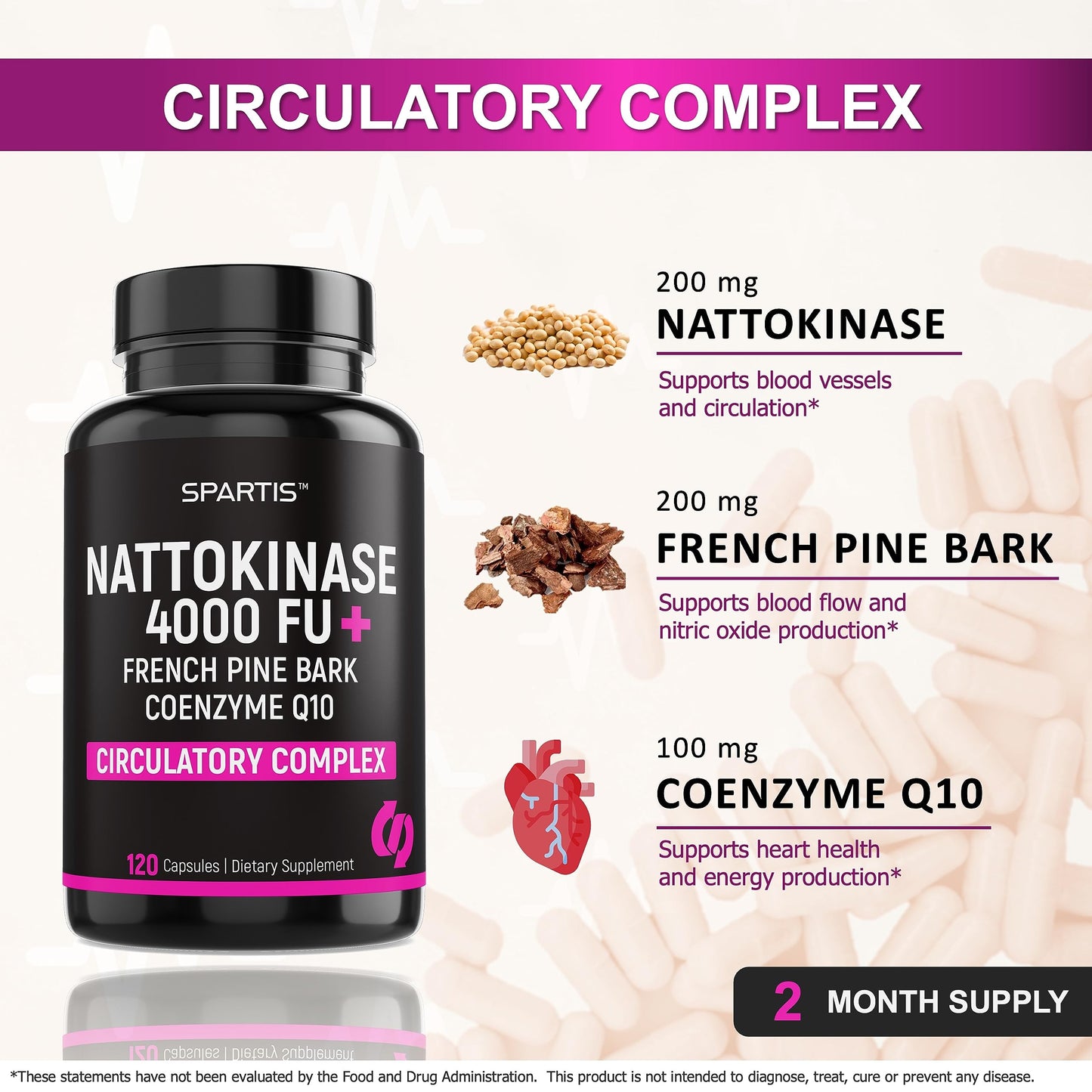 SPARTIS Nattokinase Supplement 4000 FU CoQ10 100mg French Maritime Pine Bark Extract 200mg with Enzymes Capsule 120 Count