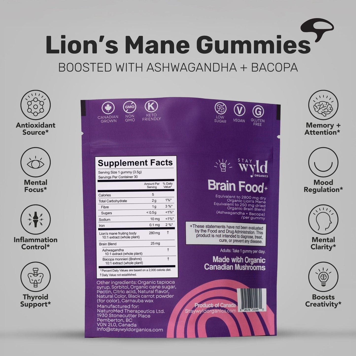 Stay Wyld Organics Brain Food+ Mushroom Gummies, 30 Gummies