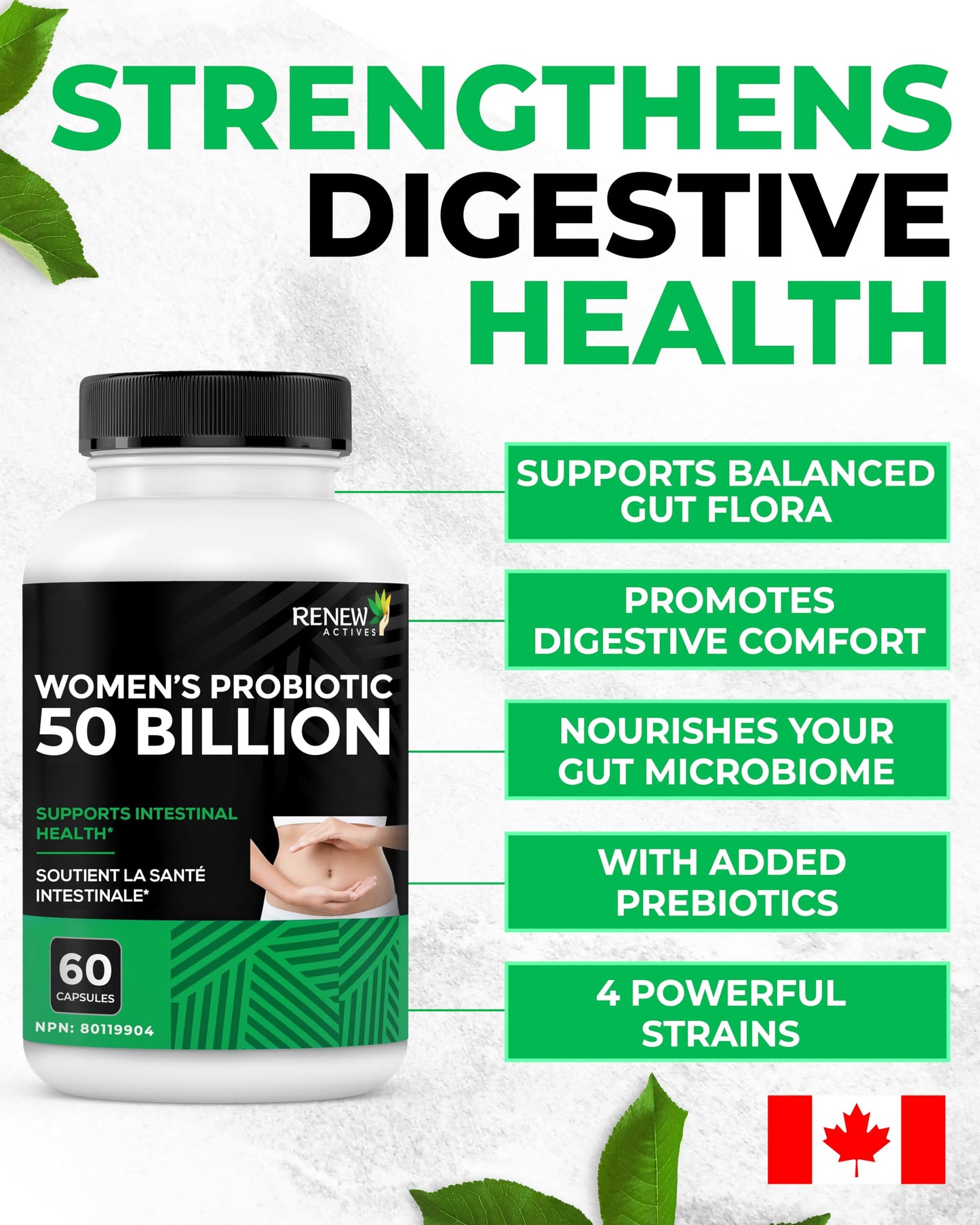 Renew Actives Probiotics for Women – 50 Billion CFU per 2 Capsules, MAKTREK Technology, 4 Probiotic Strains & Prebiotic Blend, Capsules, 60 Capsules