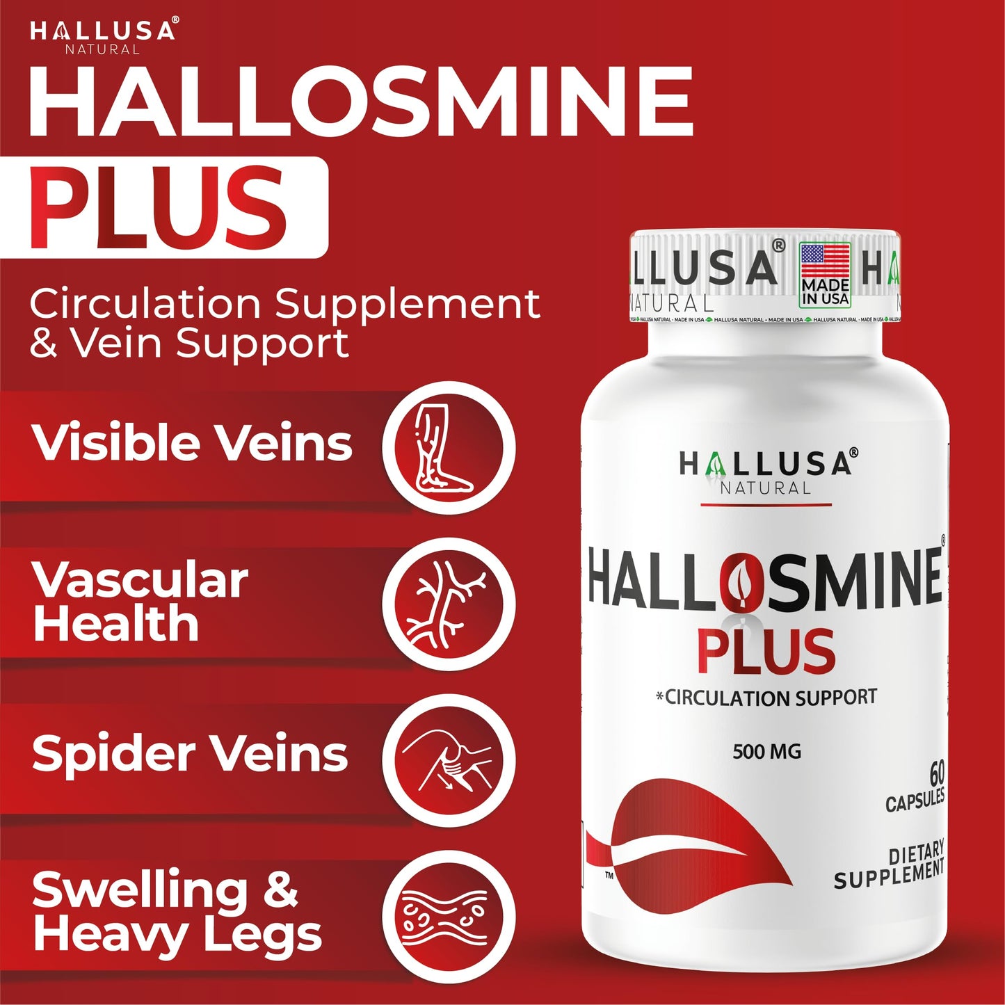 Hallusa Natural Hallosmine Plus 500mg Diosmin Capsules, 60 Count